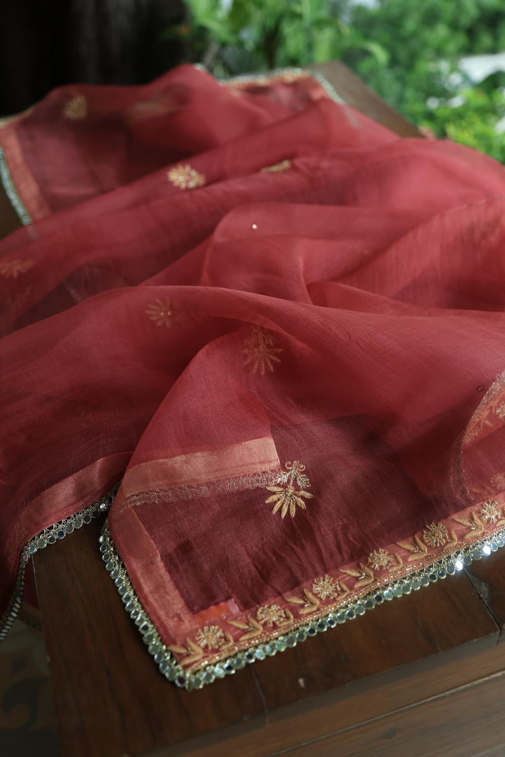Dusty Red Noor Organza Silk Chikankari Unstitched Kurta Dupatta Set
