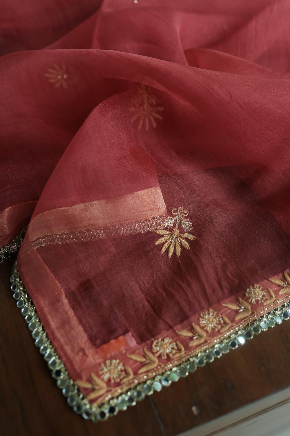 Dusty Red Noor Organza Silk Chikankari Unstitched Kurta Dupatta Set