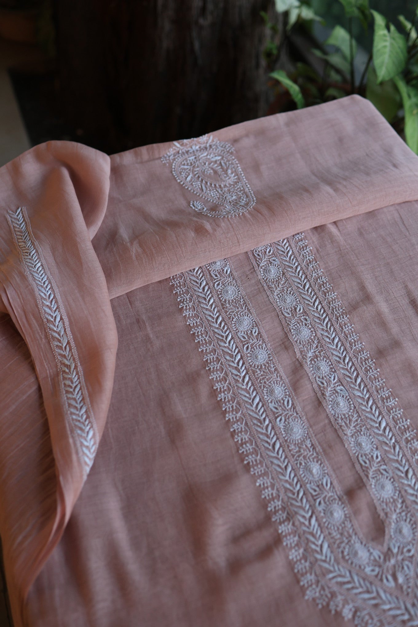 Dusty Rose Mulmul Chikankari Unstitched Men's Kurtas Fabric