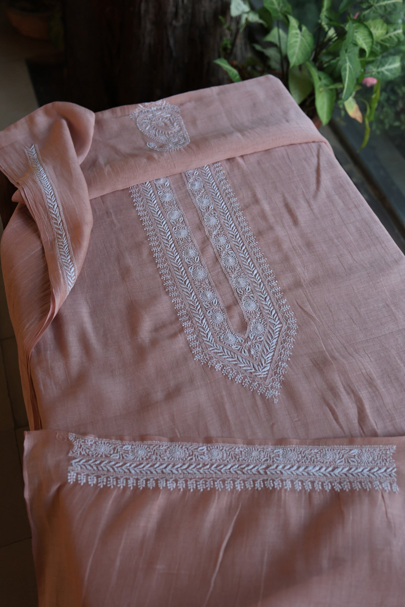 Dusty Rose Mulmul Chikankari Unstitched Men's Kurtas Fabric