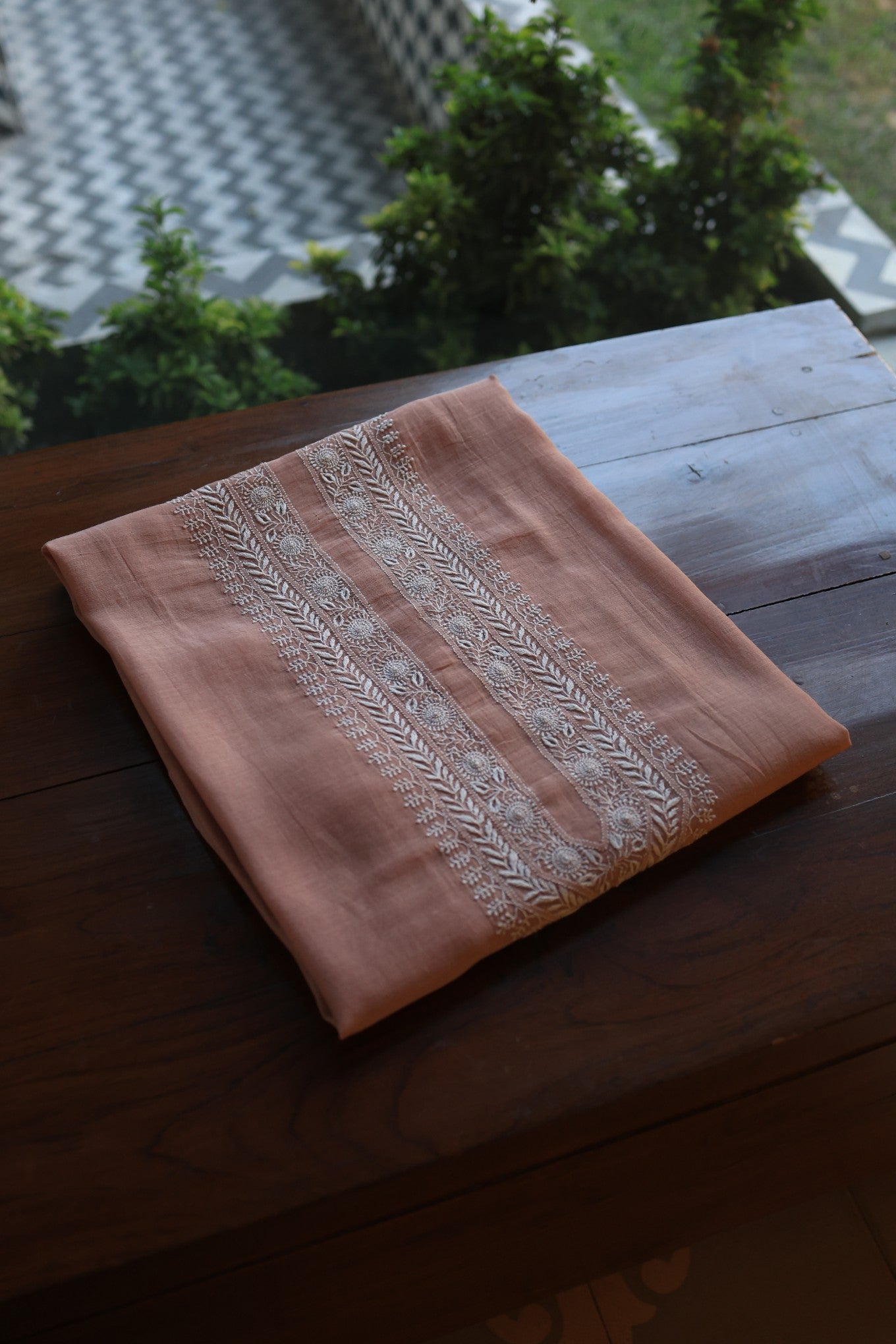 Dusty Rose Mulmul Chikankari Unstitched Men's Kurtas Fabric