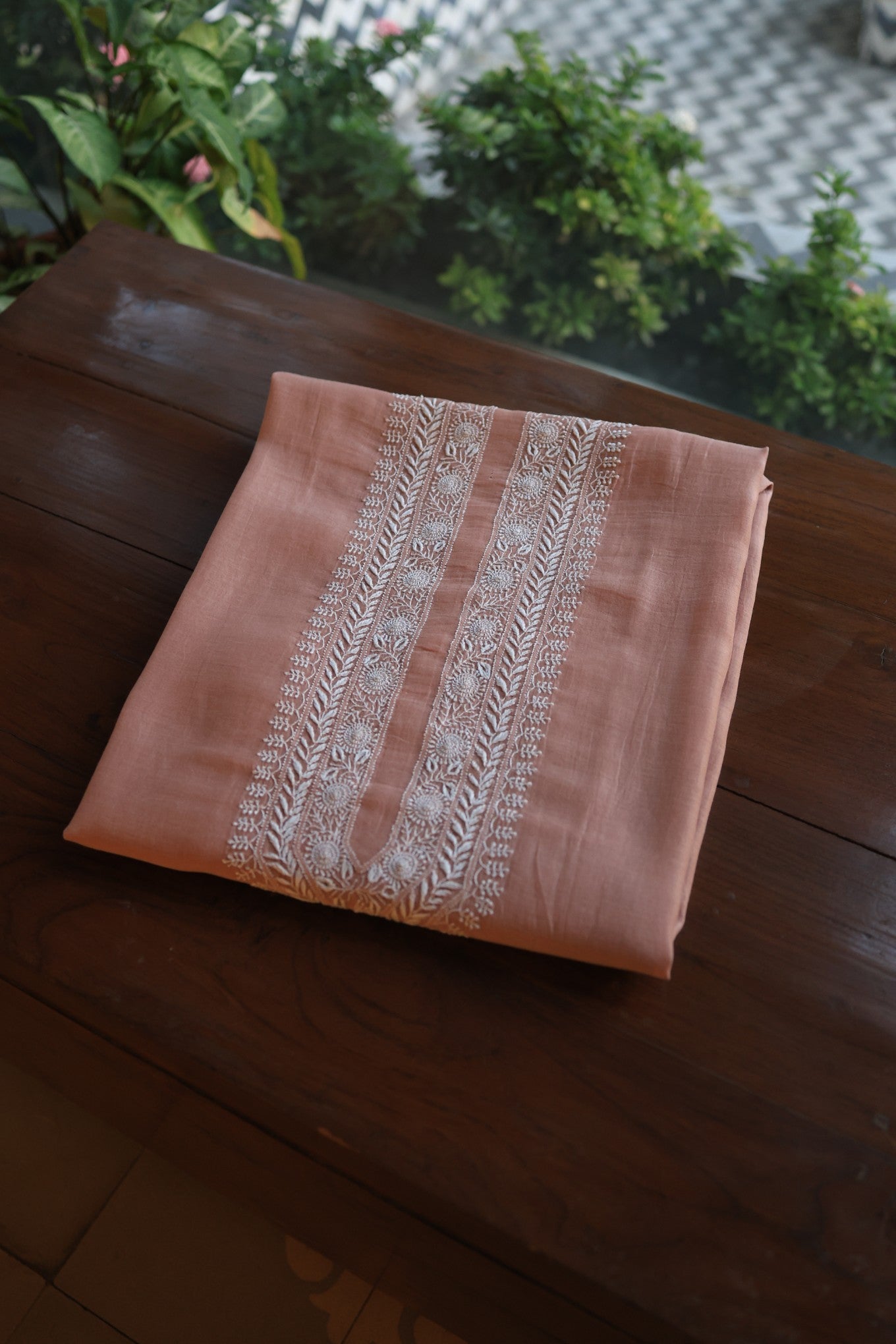 Dusty Rose Mulmul Chikankari Unstitched Men's Kurtas Fabric