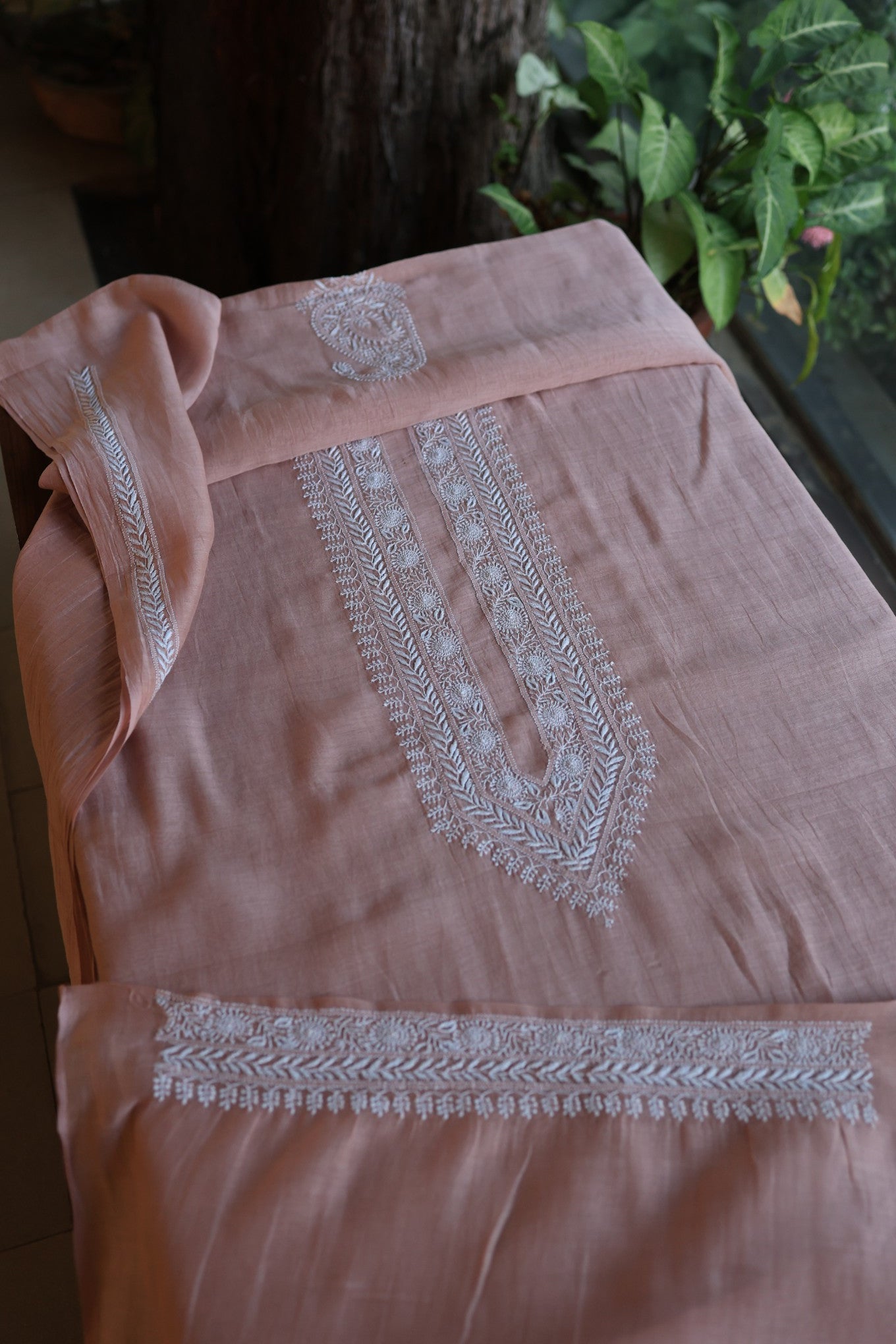 Dusty Rose Mulmul Chikankari Unstitched Men's Kurtas Fabric