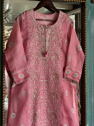 Dusty Rose Noor Organza Silk Chikankari Straight Cut Kurta Dupatta Set