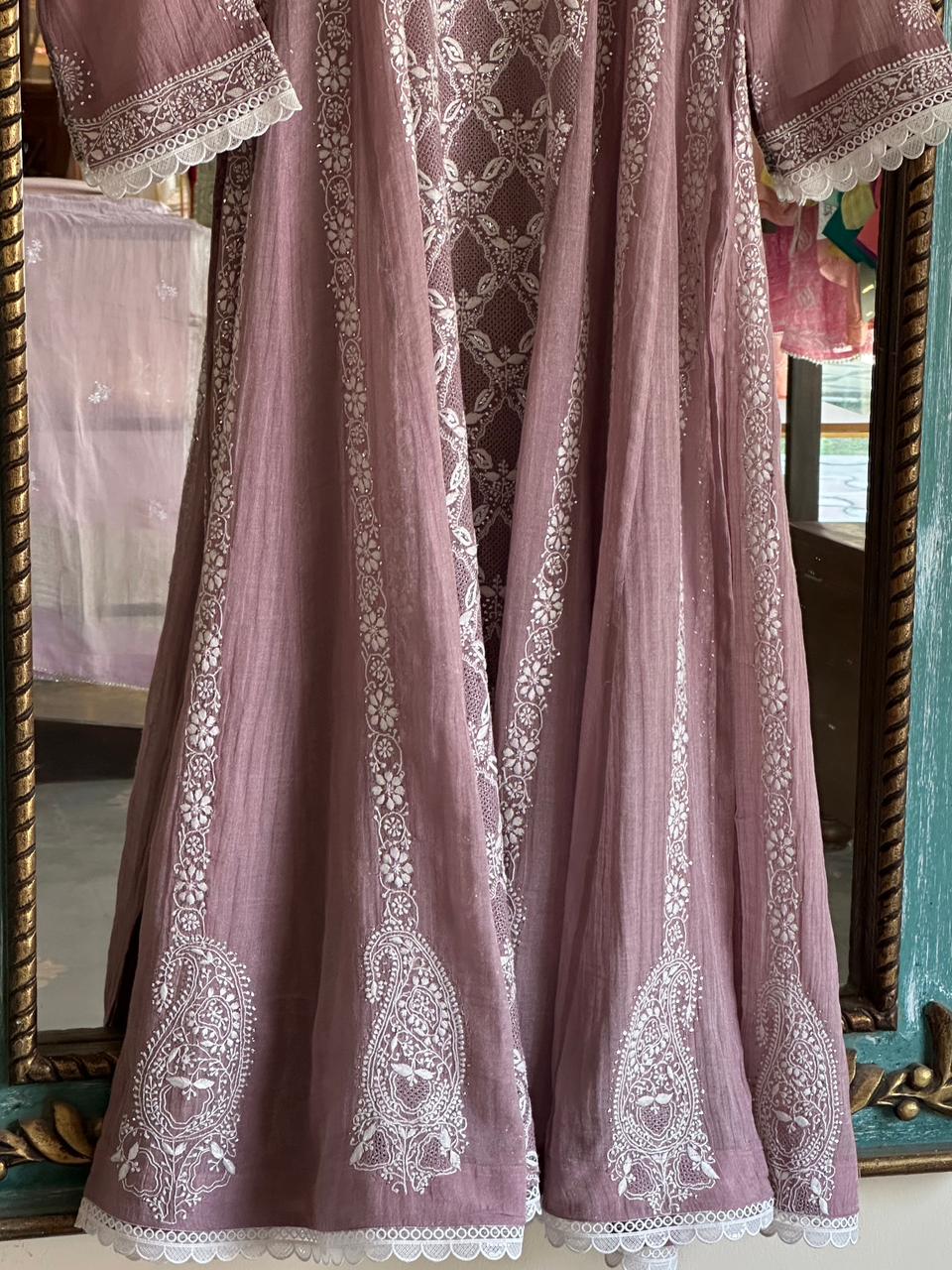 Dusty Rose Shade | Tissue Silk Chikankari Work Kalidaar Kurta Dupatta Set