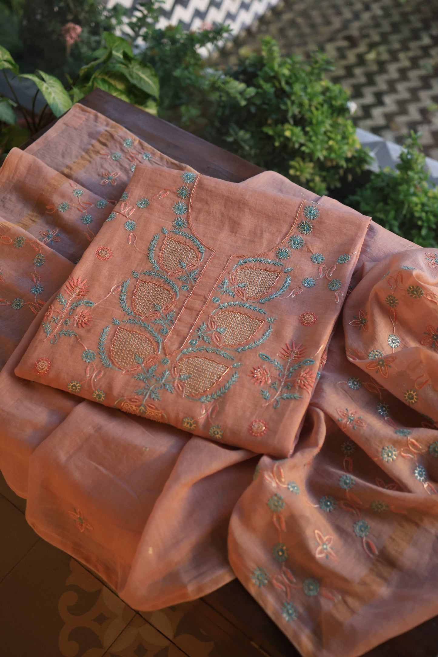 Dusty Rose Tissue Silk Chikankari Unstitched Fabric