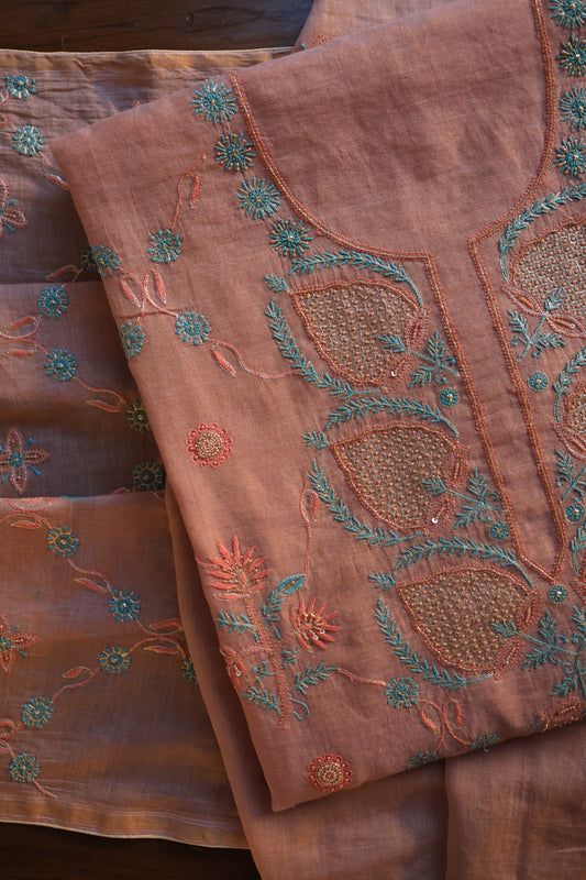 Dusty Rose Tissue Silk Chikankari Unstitched Fabric