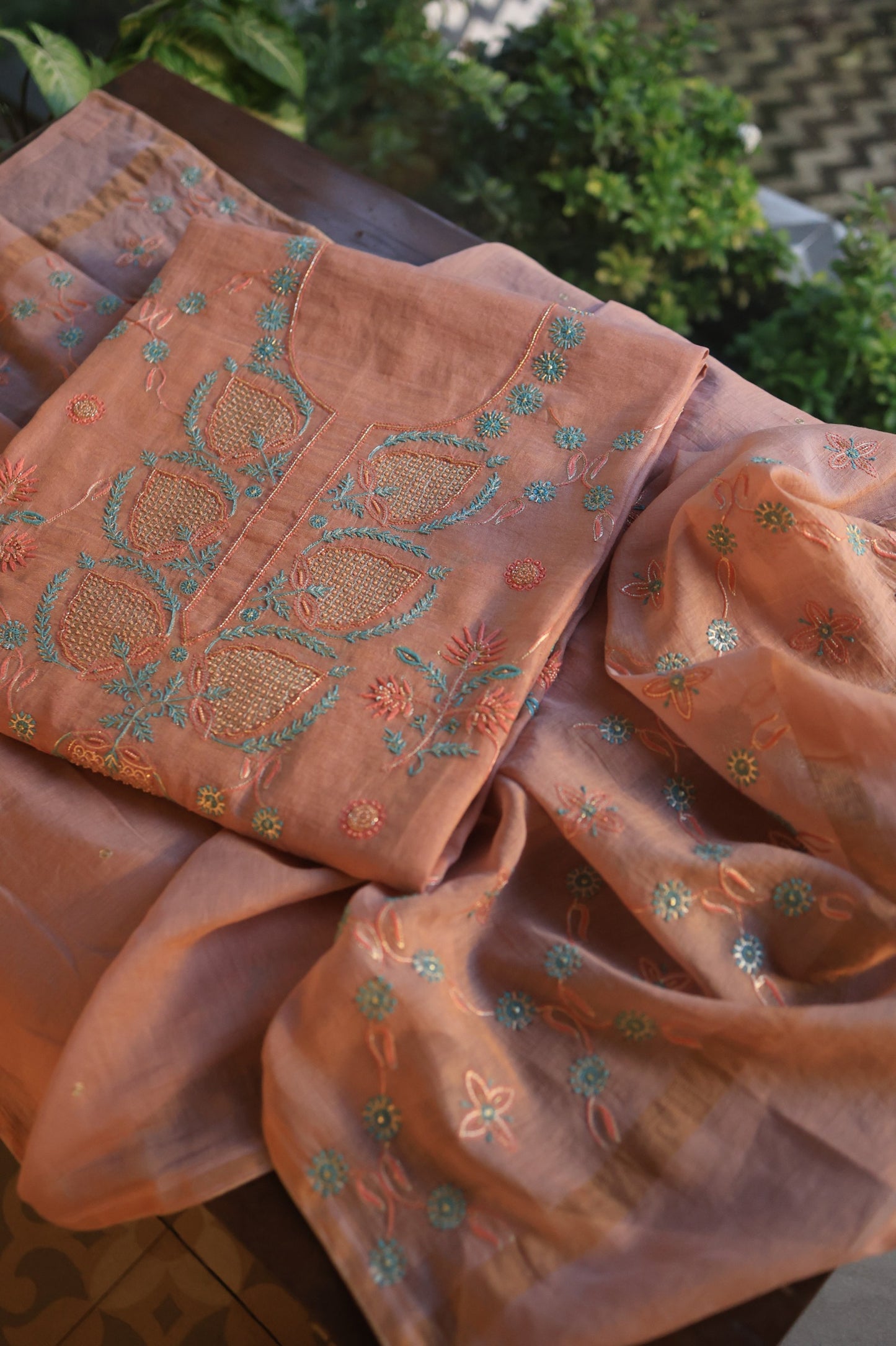 Dusty Rose Tissue Silk Chikankari Unstitched Fabric