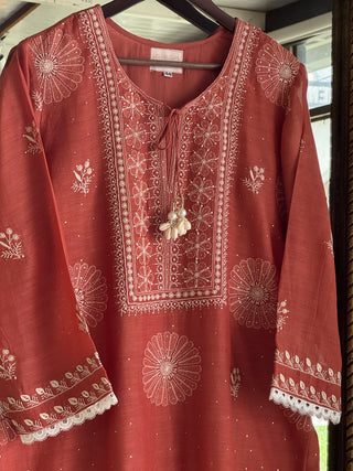 Dusty Rust Shade Malmal Straight Cut Chikankari Kamdani Kurta Set
