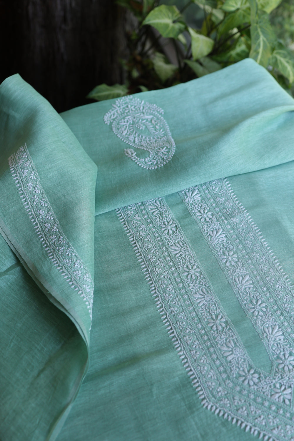 Dusty Teal Linen Chikankari Unstitched Men's Kurtas Fabric