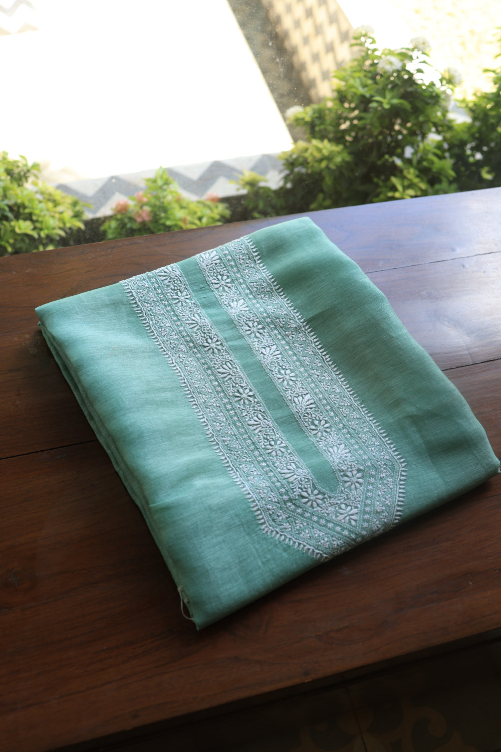 Dusty Teal Linen Chikankari Unstitched Men's Kurtas Fabric