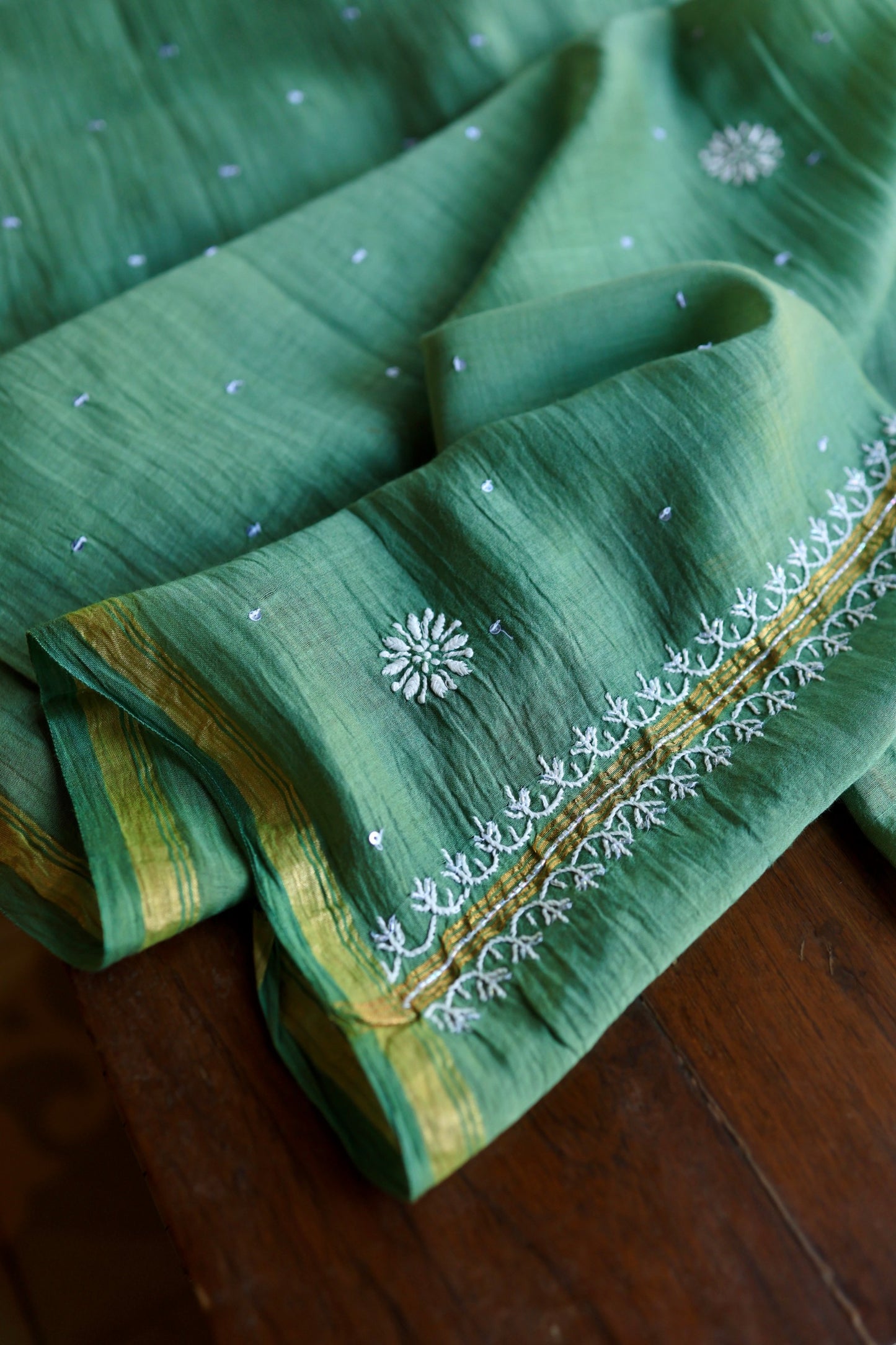 Dusty Teal Pearl Work Chikankari Unstitched Fabric