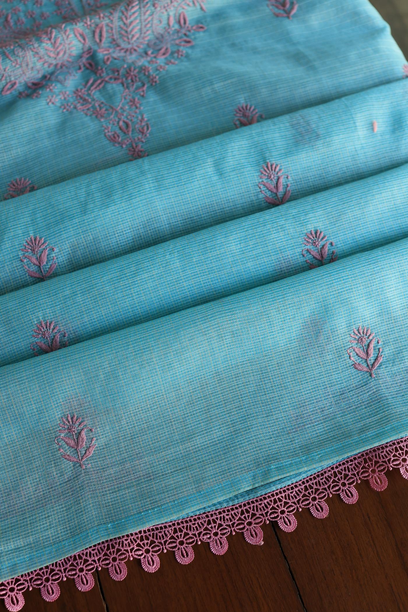 Dusty Teal Shade Kota Chikankari Unstitched Fabrics