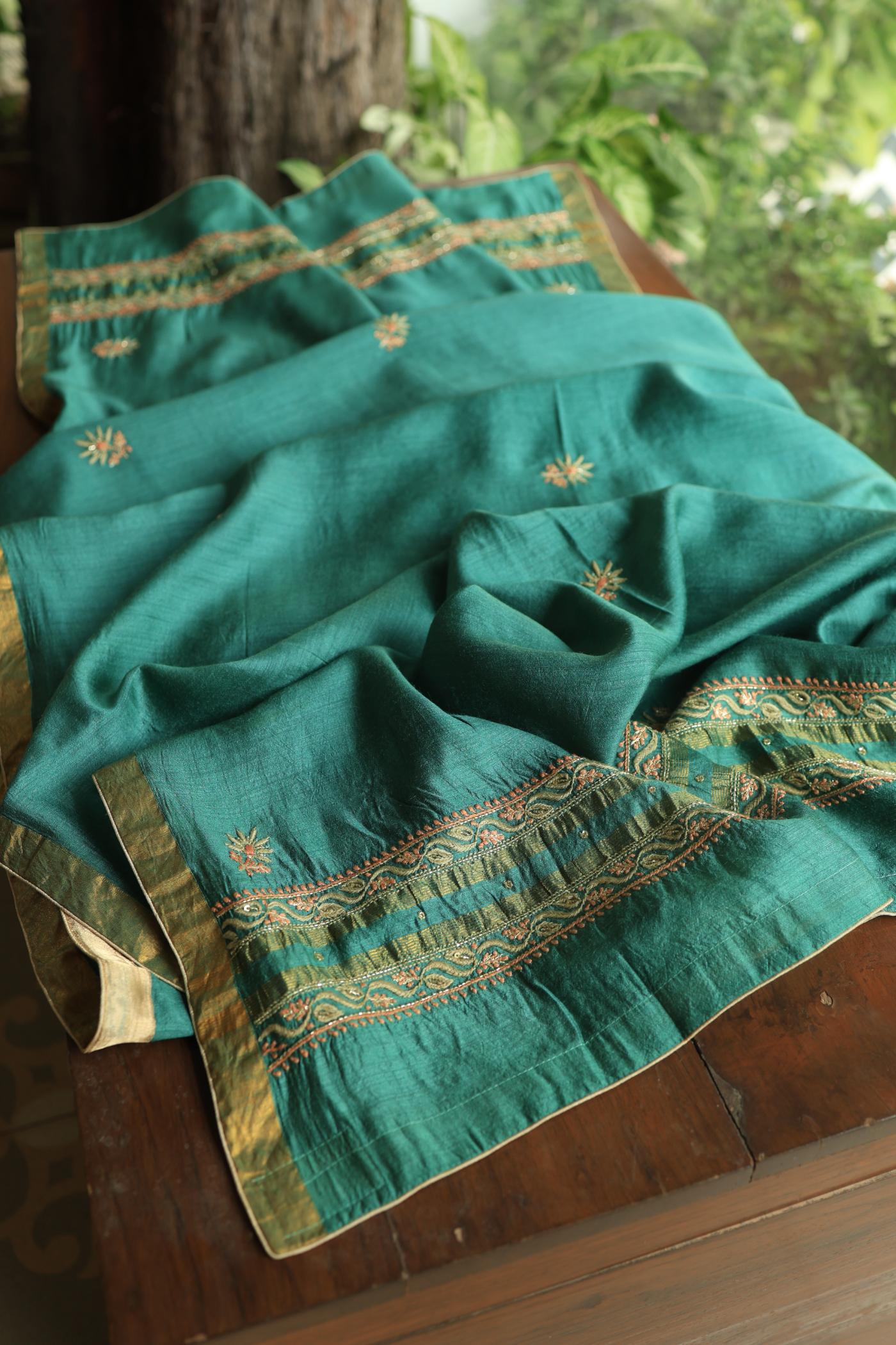 Dusty Teal Shade Moonga Silk Chikankari Unstitched Fabric