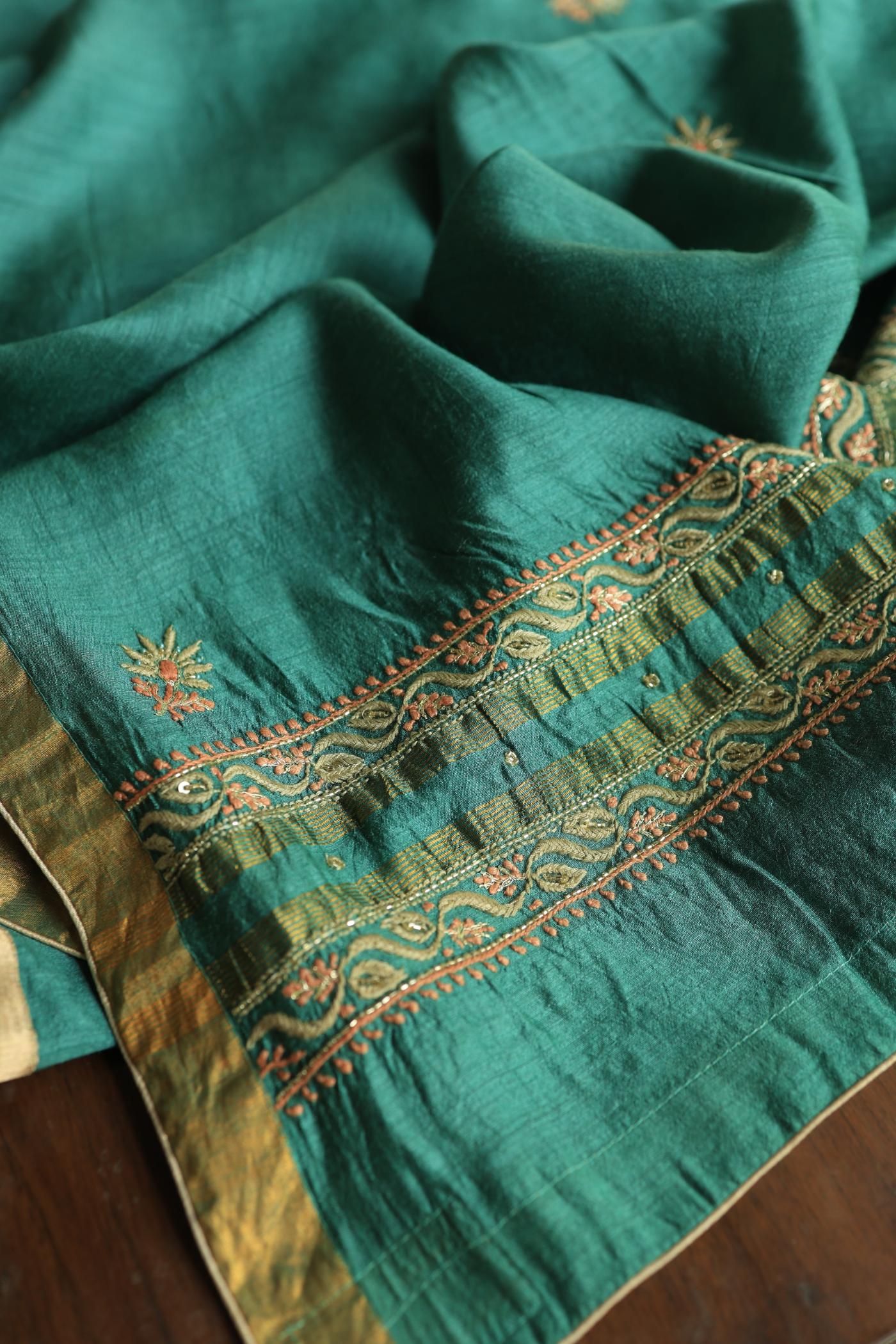 Dusty Teal Shade Moonga Silk Chikankari Unstitched Fabric