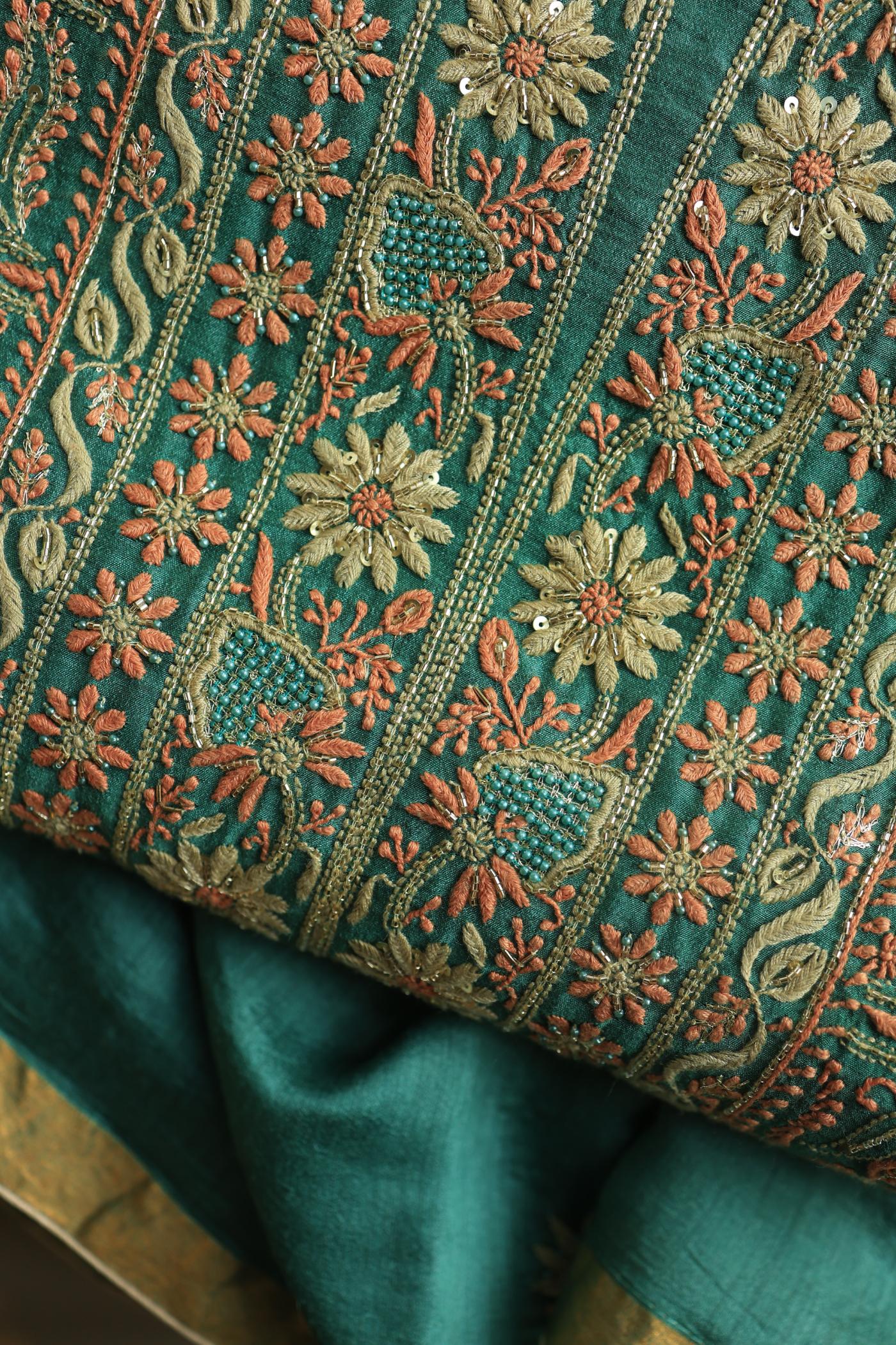 Dusty Teal Shade Moonga Silk Chikankari Unstitched Fabric