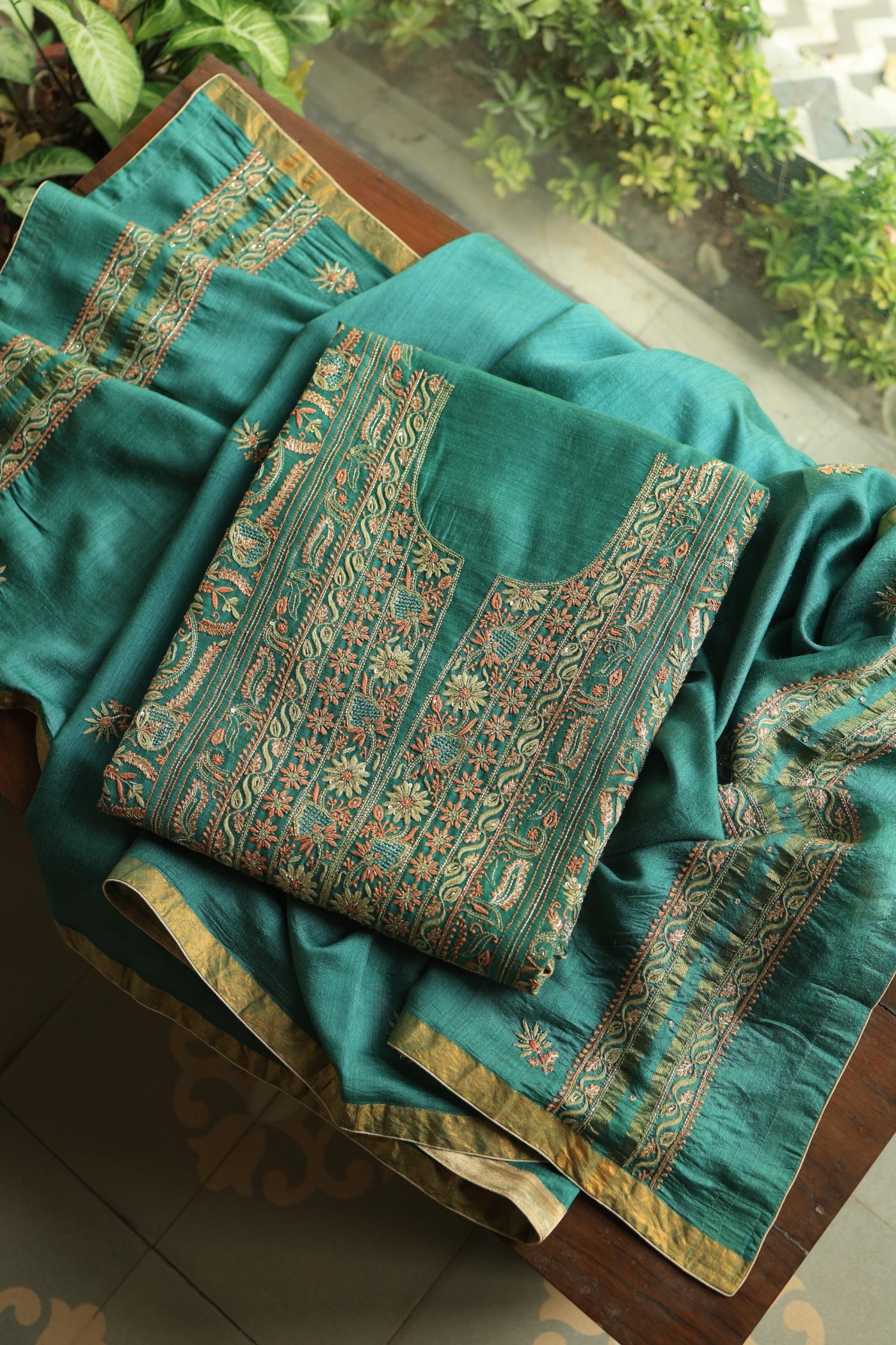 Dusty Teal Shade Moonga Silk Chikankari Unstitched Fabric