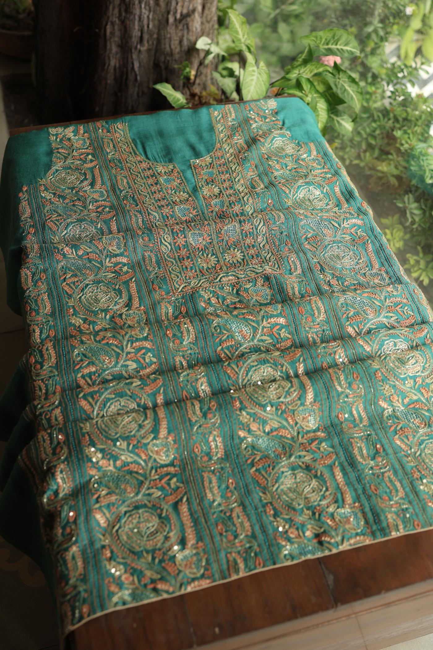 Dusty Teal Shade Moonga Silk Chikankari Unstitched Fabric