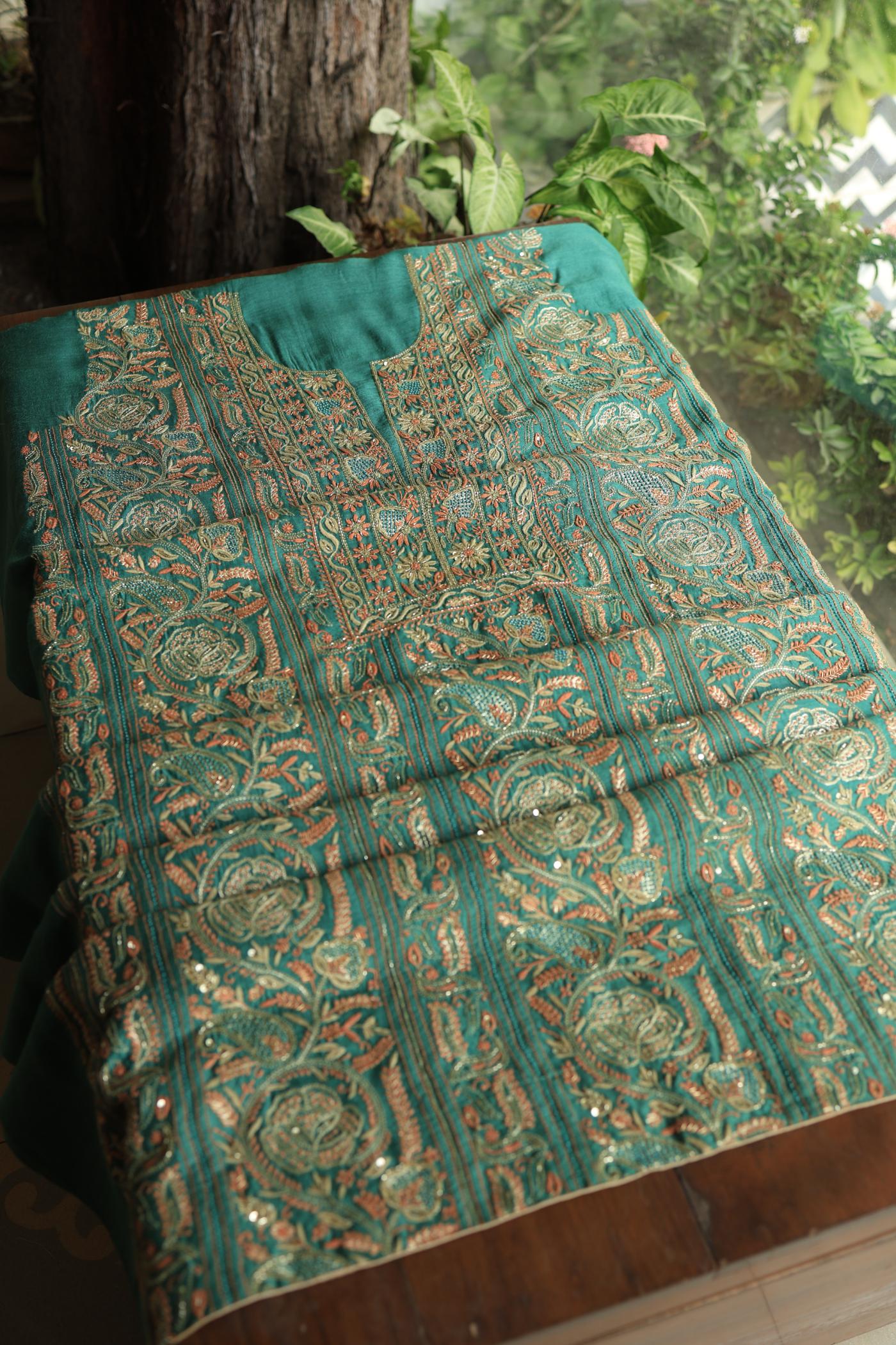 Dusty Teal Shade Moonga Silk Chikankari Unstitched Fabric