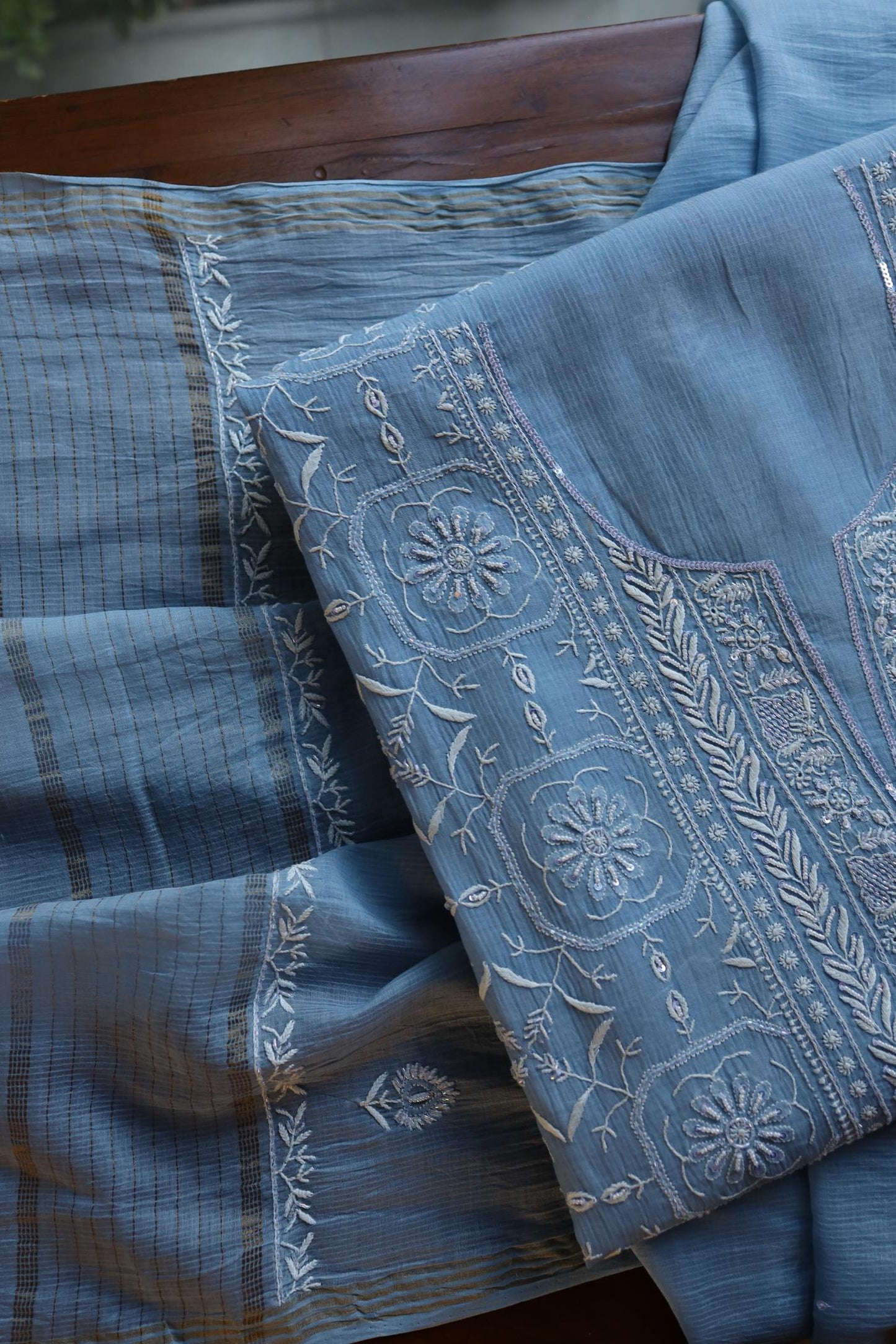 Faded Blue Shade Mal Chanderi Silk Chikankari Unstitched Fabric