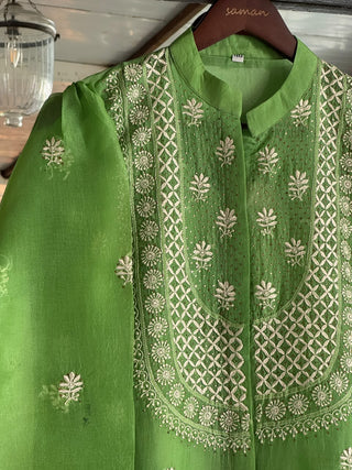 Fern Green Noor Organza Chikankari Collar Ready To Wear Short Top