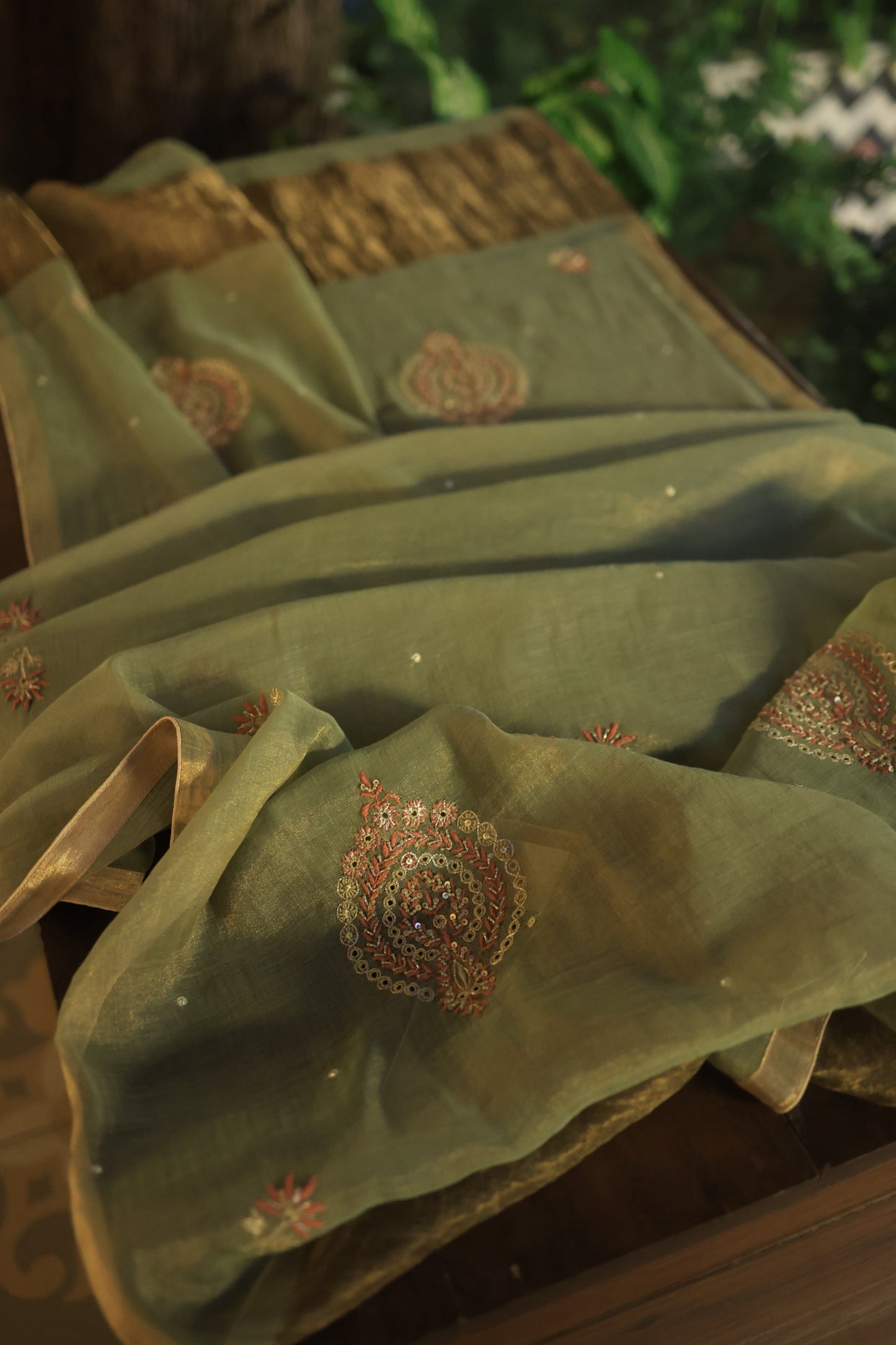 Fern Green Tissue Silk Chikankari Unstitched Fabric