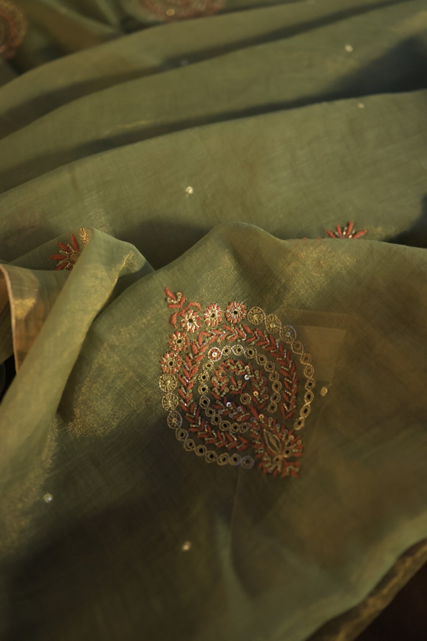 Fern Green Tissue Silk Chikankari Unstitched Fabric