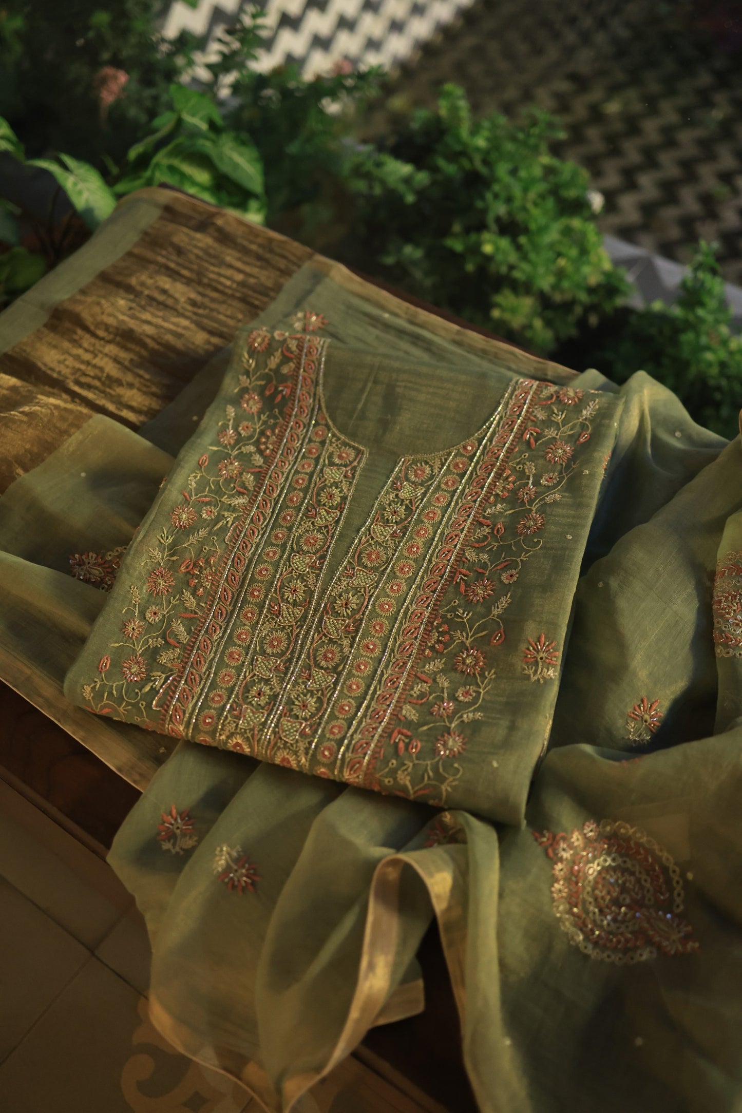 Fern Green Tissue Silk Chikankari Unstitched Fabric