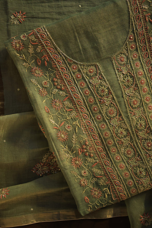 Fern Green Tissue Silk Chikankari Unstitched Fabric