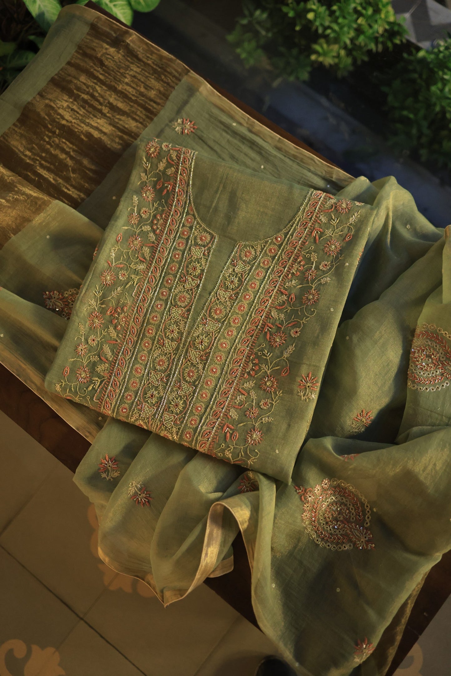 Fern Green Tissue Silk Chikankari Unstitched Fabric