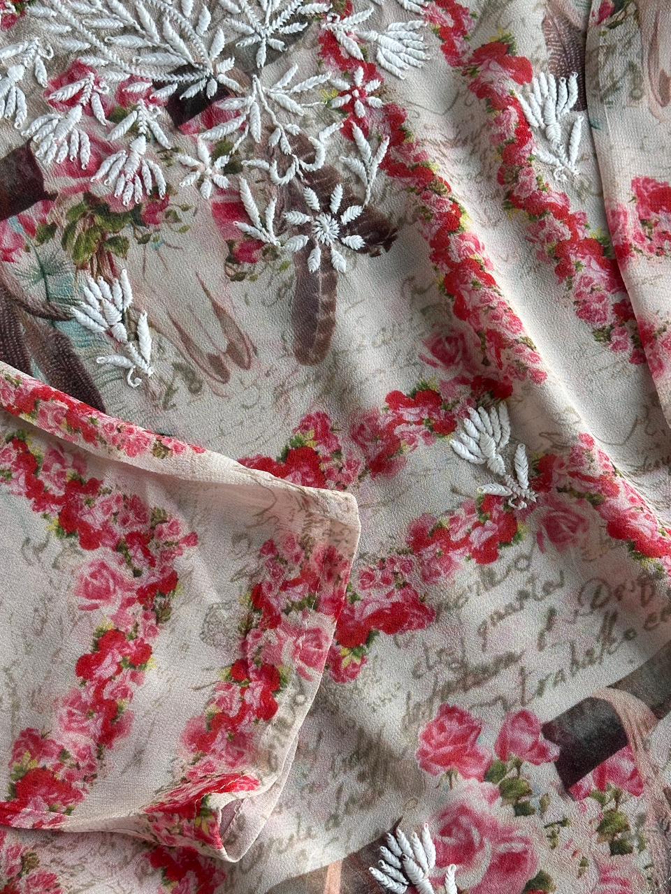 Floral Motif Chikankari Semi-Georgette Short Top / Kurti