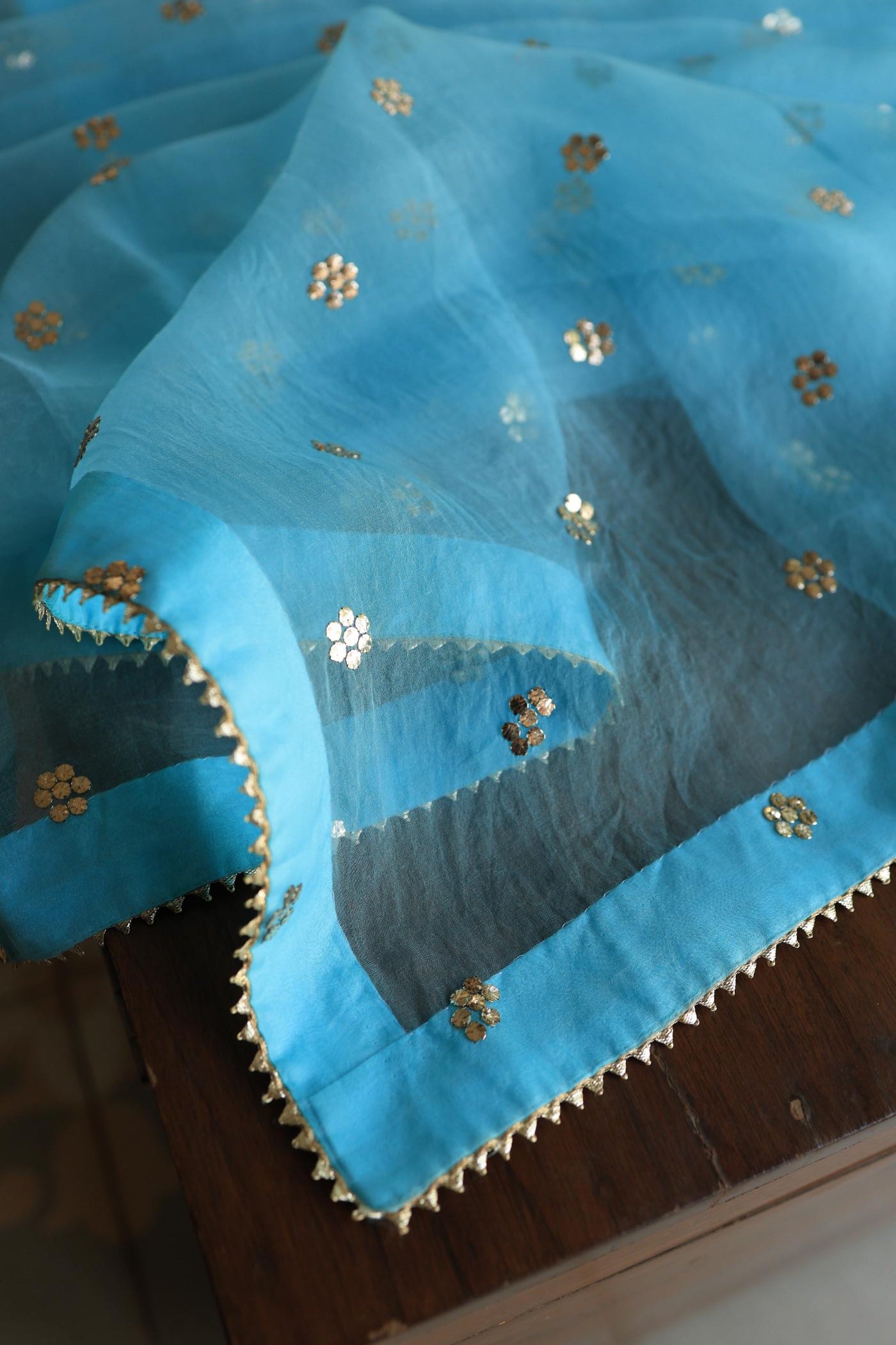 Fountain Blue Chanderi Silk Mukaish Badla Unstitched Fabrics