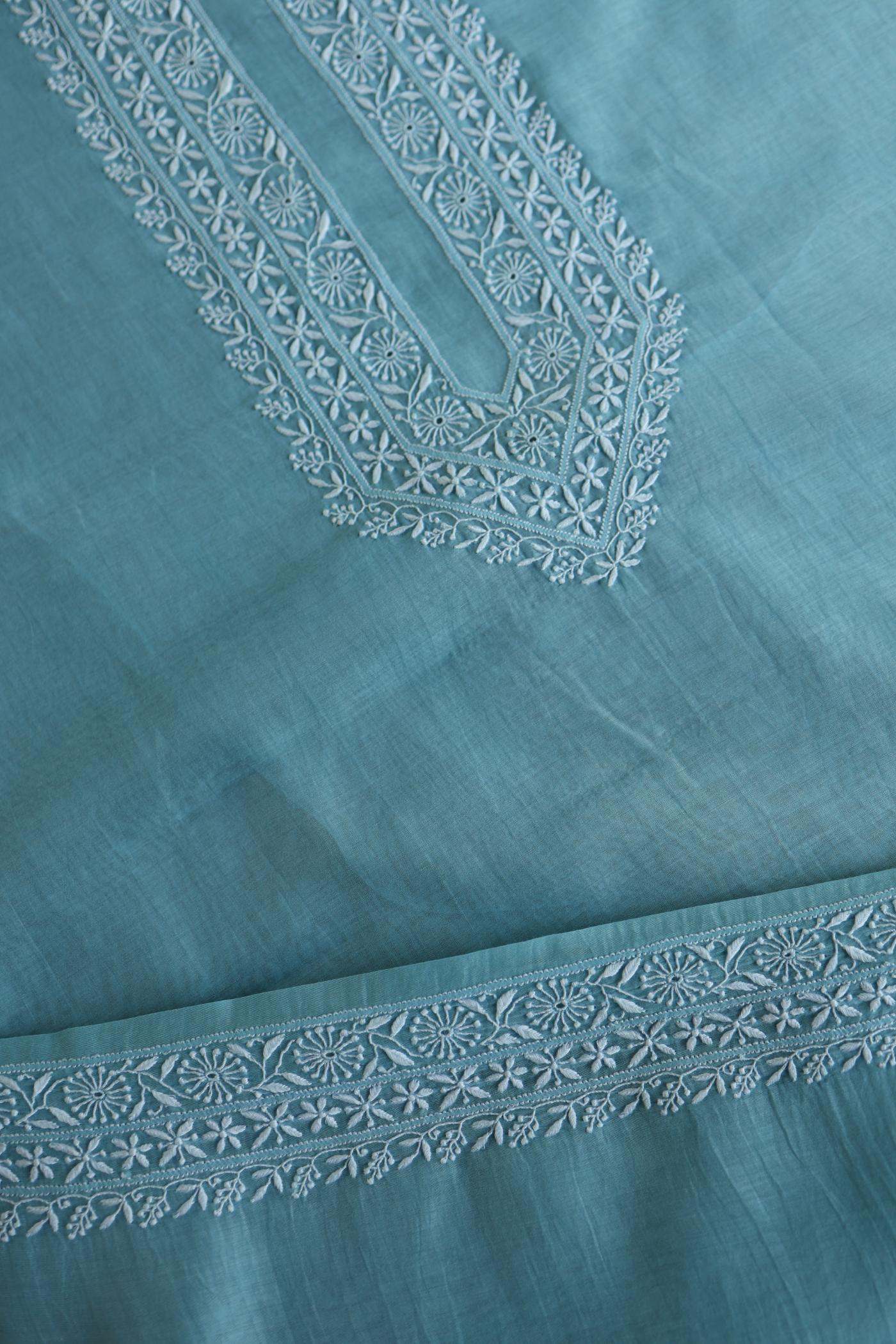 Fountain Blue Mulmul Chikankari Unstitched Men's Kurtas Fabric