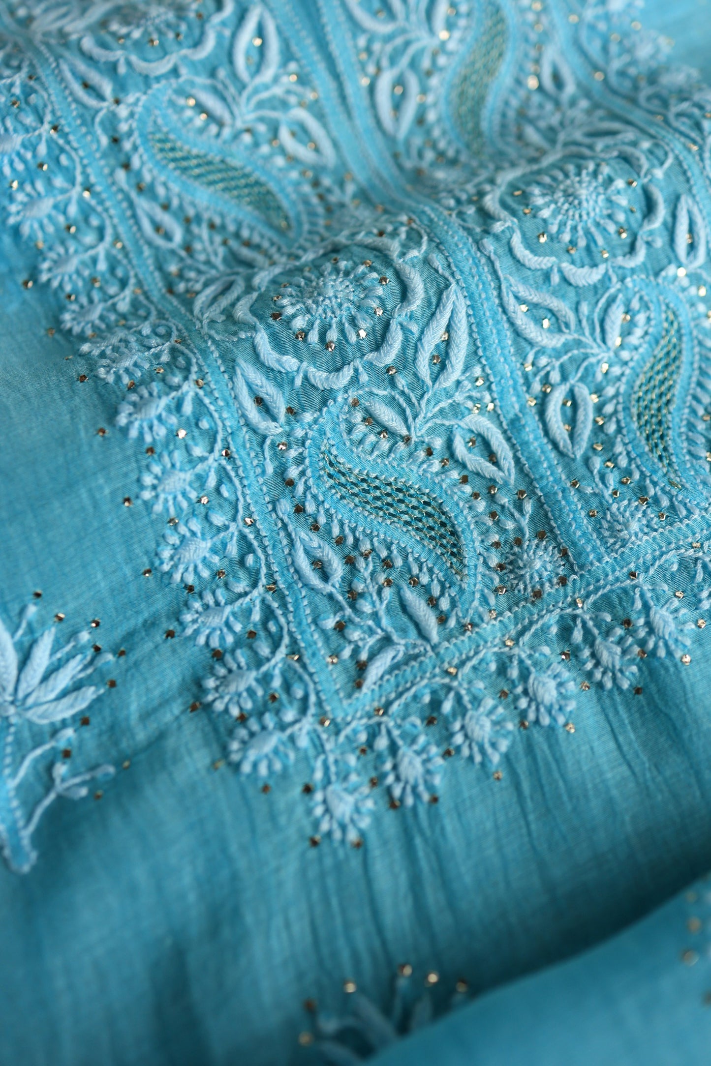 Fountain Blue Shade Mal Cotton Chikankari Unstitched Fabrics With Kamdani