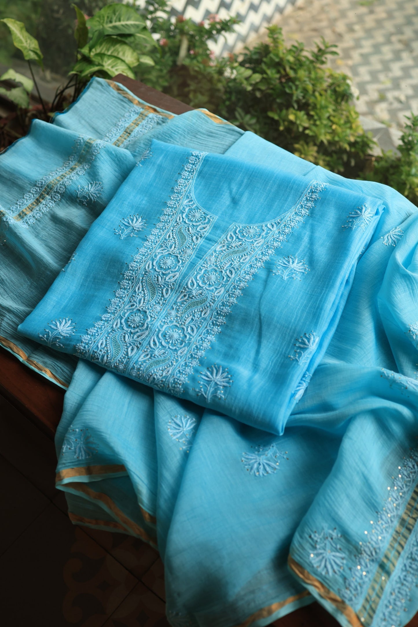 Fountain Blue Shade Mal Cotton Chikankari Unstitched Fabrics With Kamdani