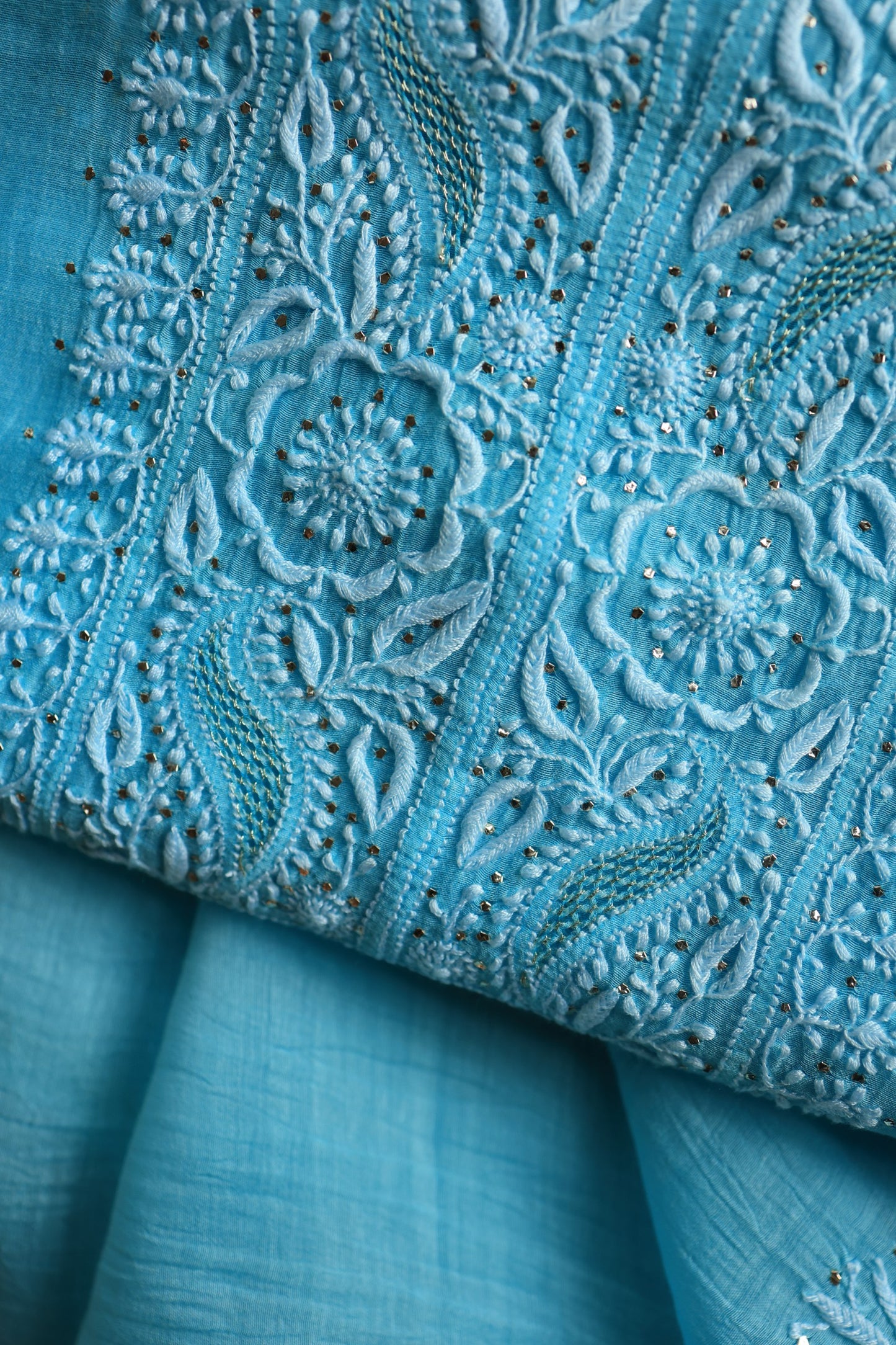 Fountain Blue Shade Mal Cotton Chikankari Unstitched Fabrics With Kamdani