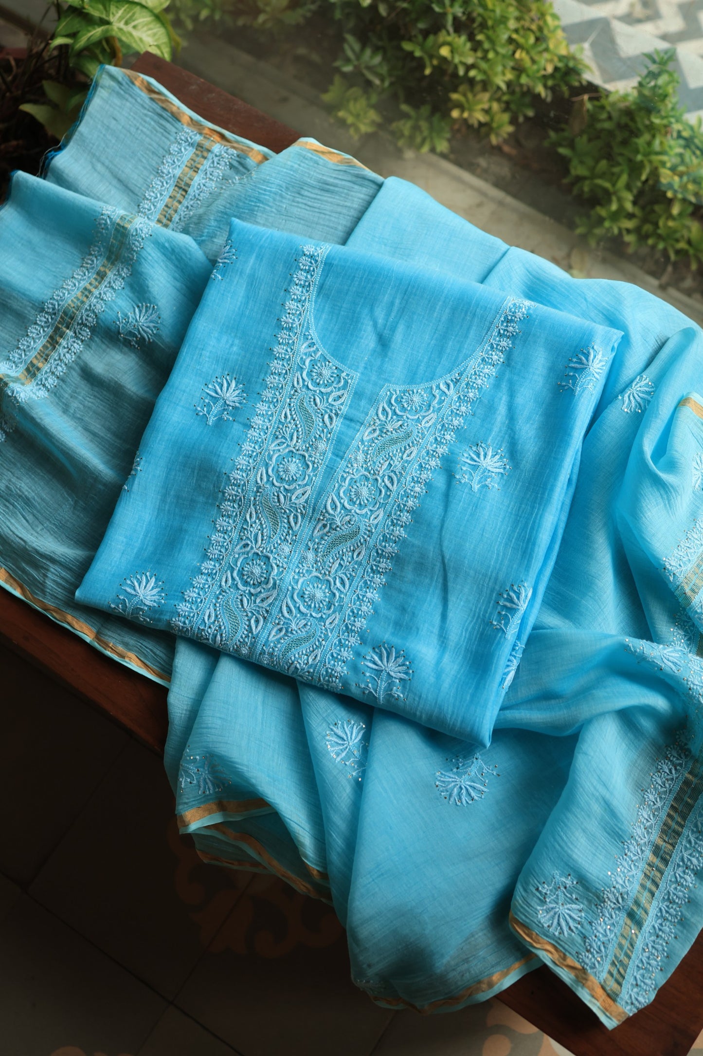 Fountain Blue Shade Mal Cotton Chikankari Unstitched Fabrics With Kamdani