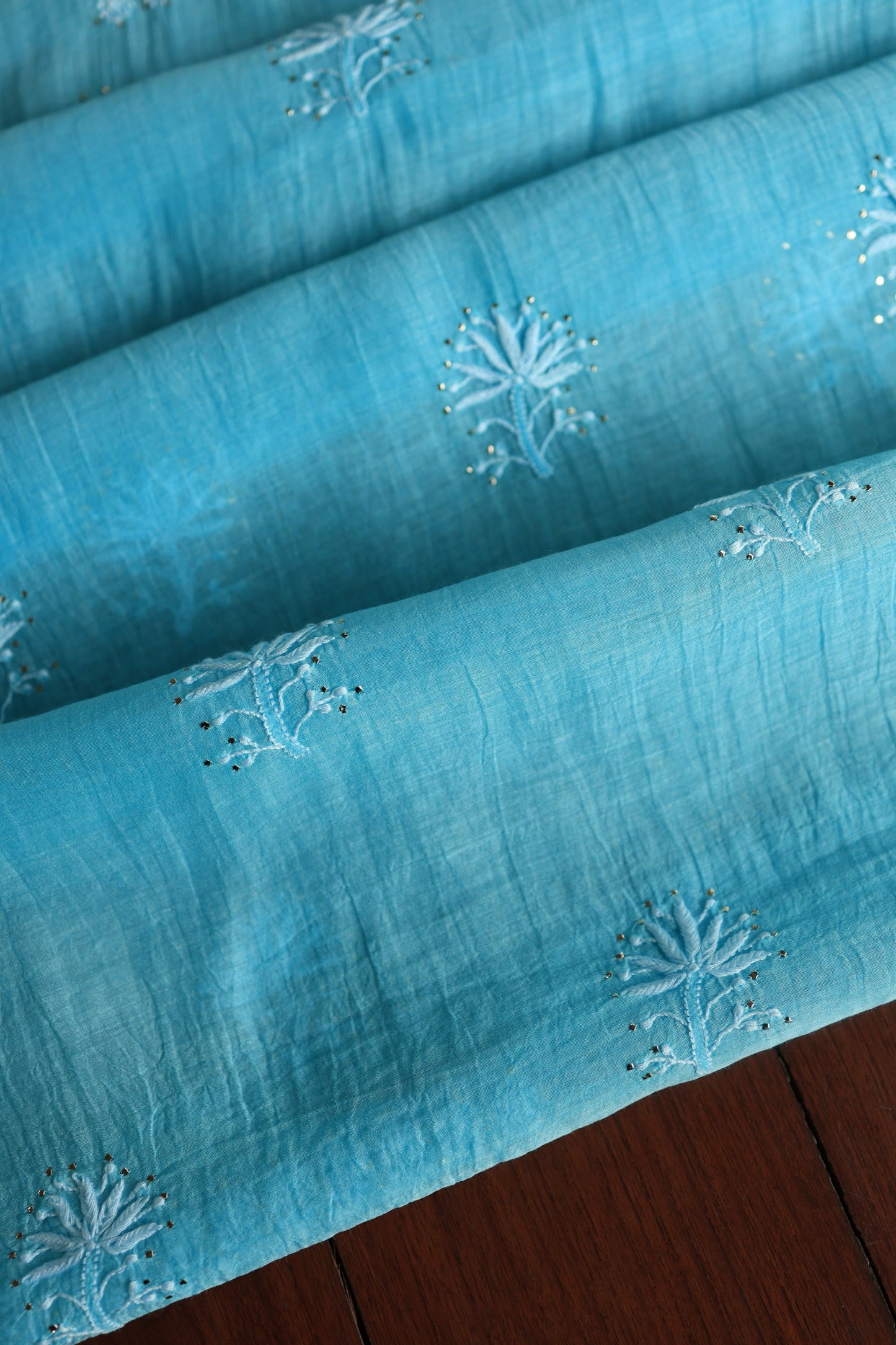 Fountain Blue Shade Mal Cotton Chikankari Unstitched Fabrics With Kamdani