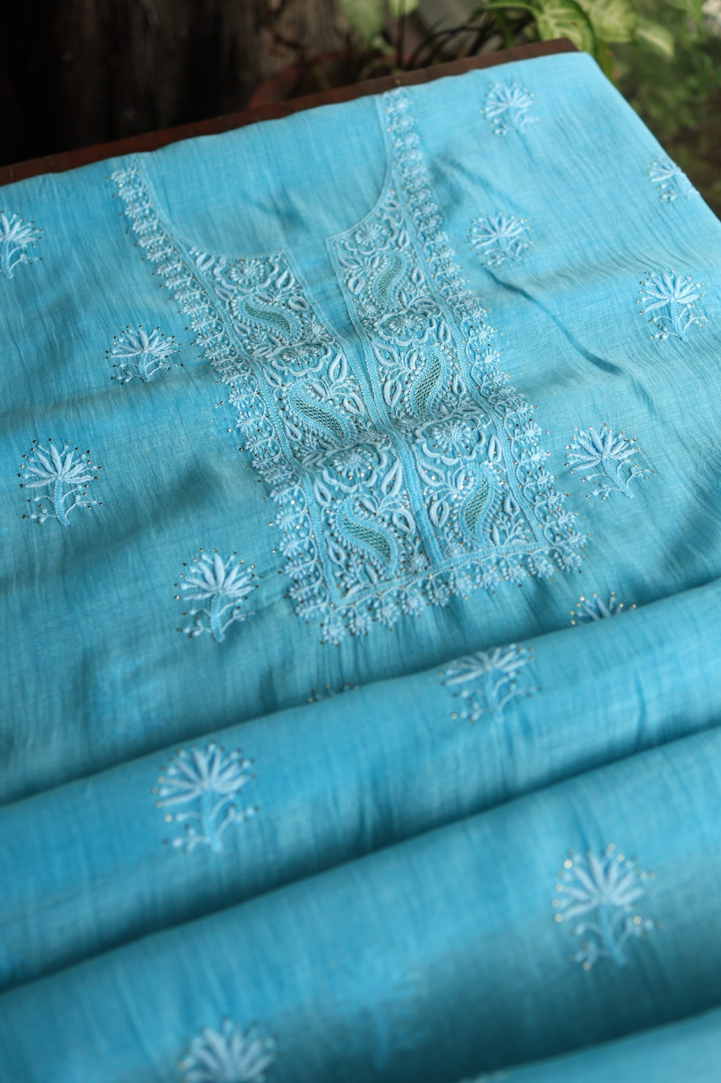 Fountain Blue Shade Mal Cotton Chikankari Unstitched Fabrics With Kamdani