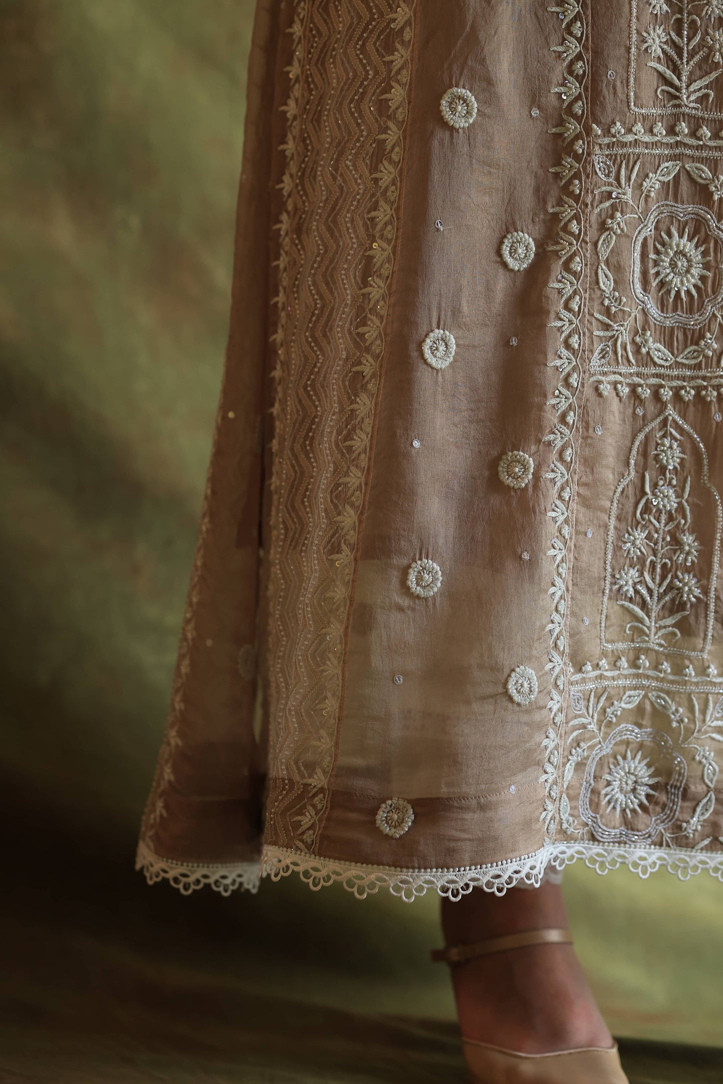 French Beige Shade Noor Organza Chikankari Anarkali With Dupatta