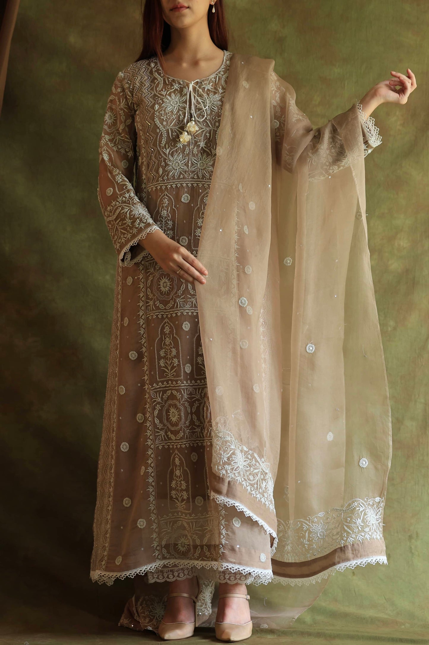 French Beige Shade Noor Organza Chikankari Anarkali With Dupatta