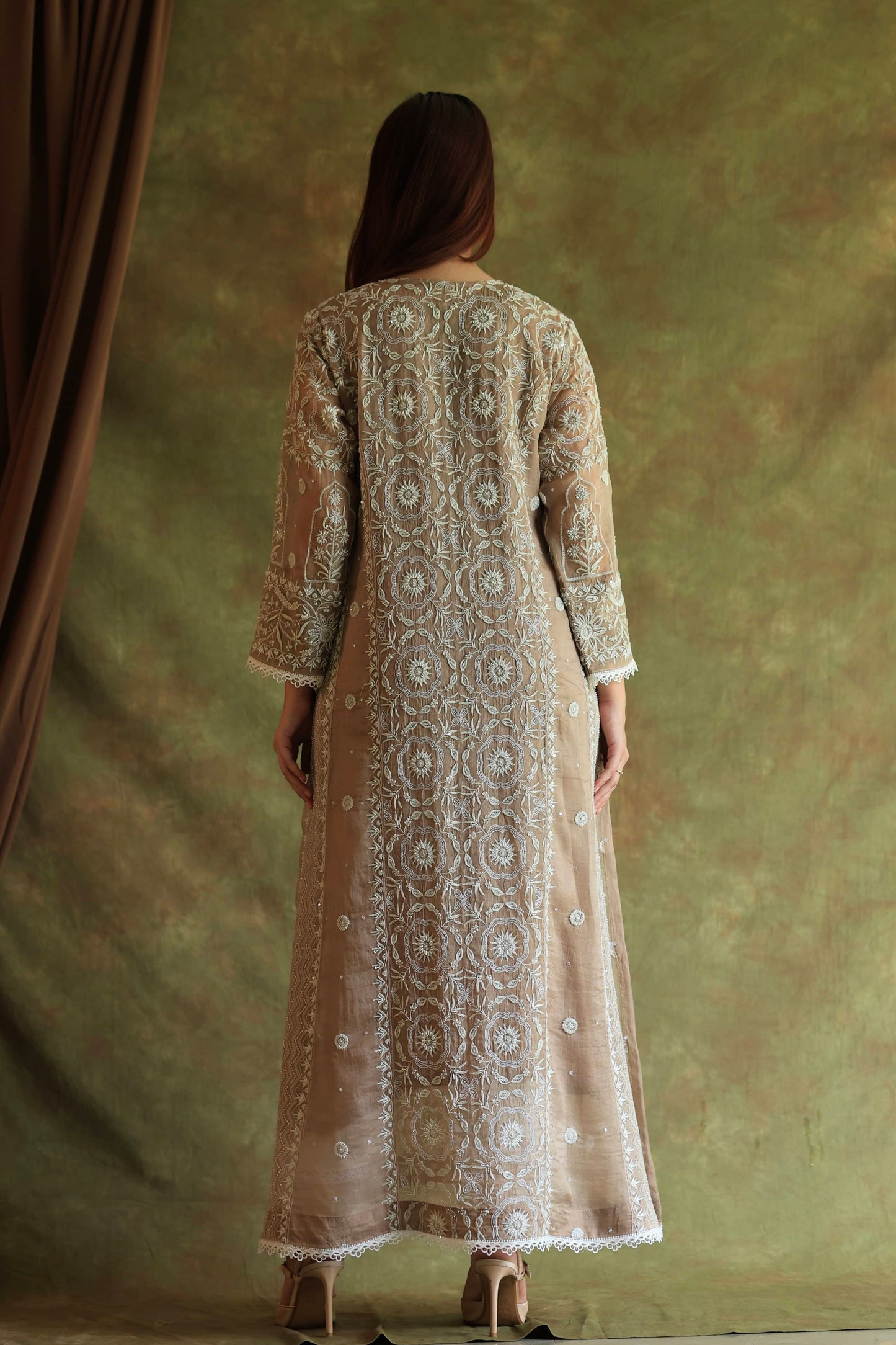 French Beige Shade Noor Organza Chikankari Anarkali With Dupatta