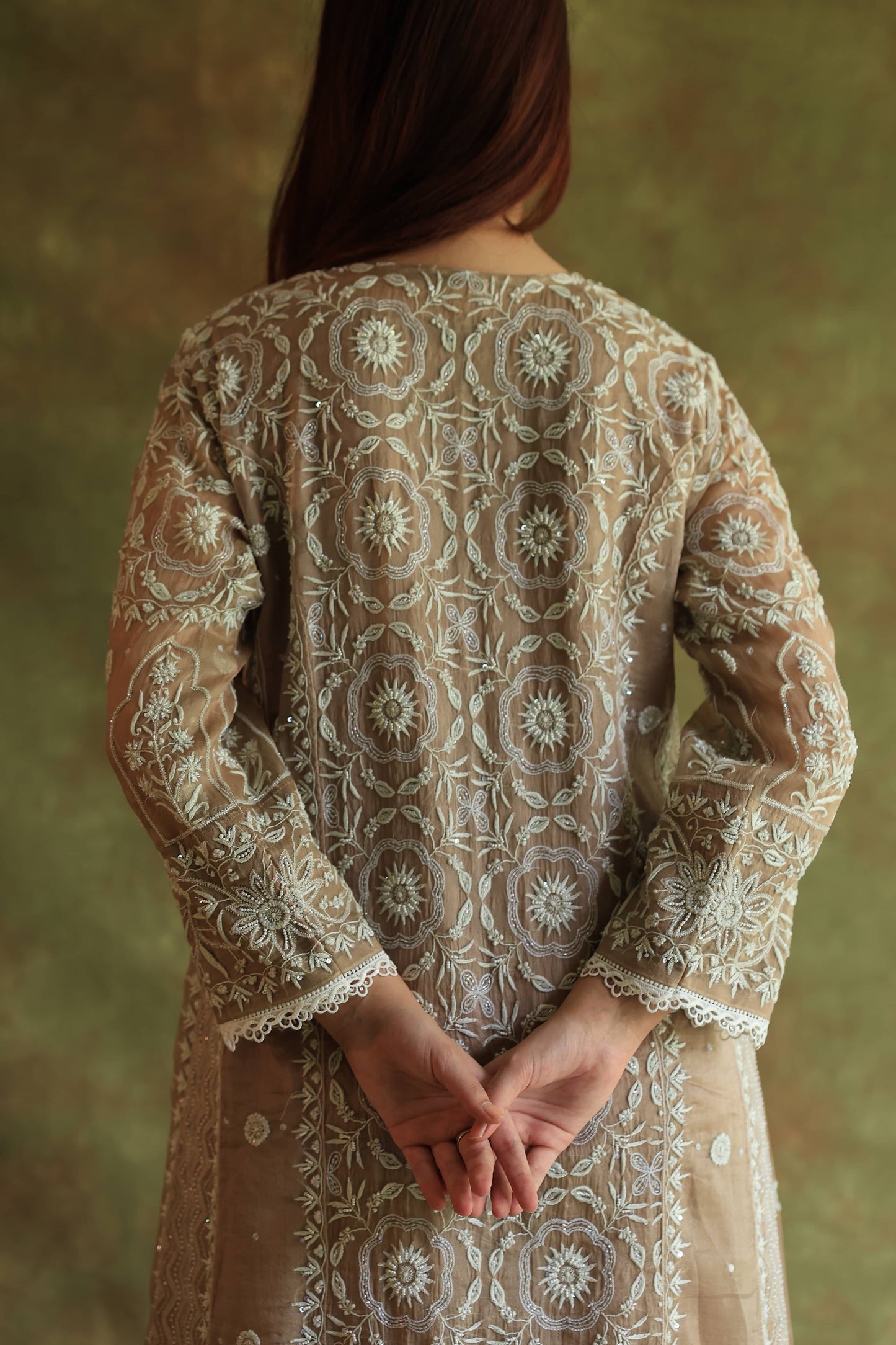 French Beige Shade Noor Organza Chikankari Anarkali With Dupatta