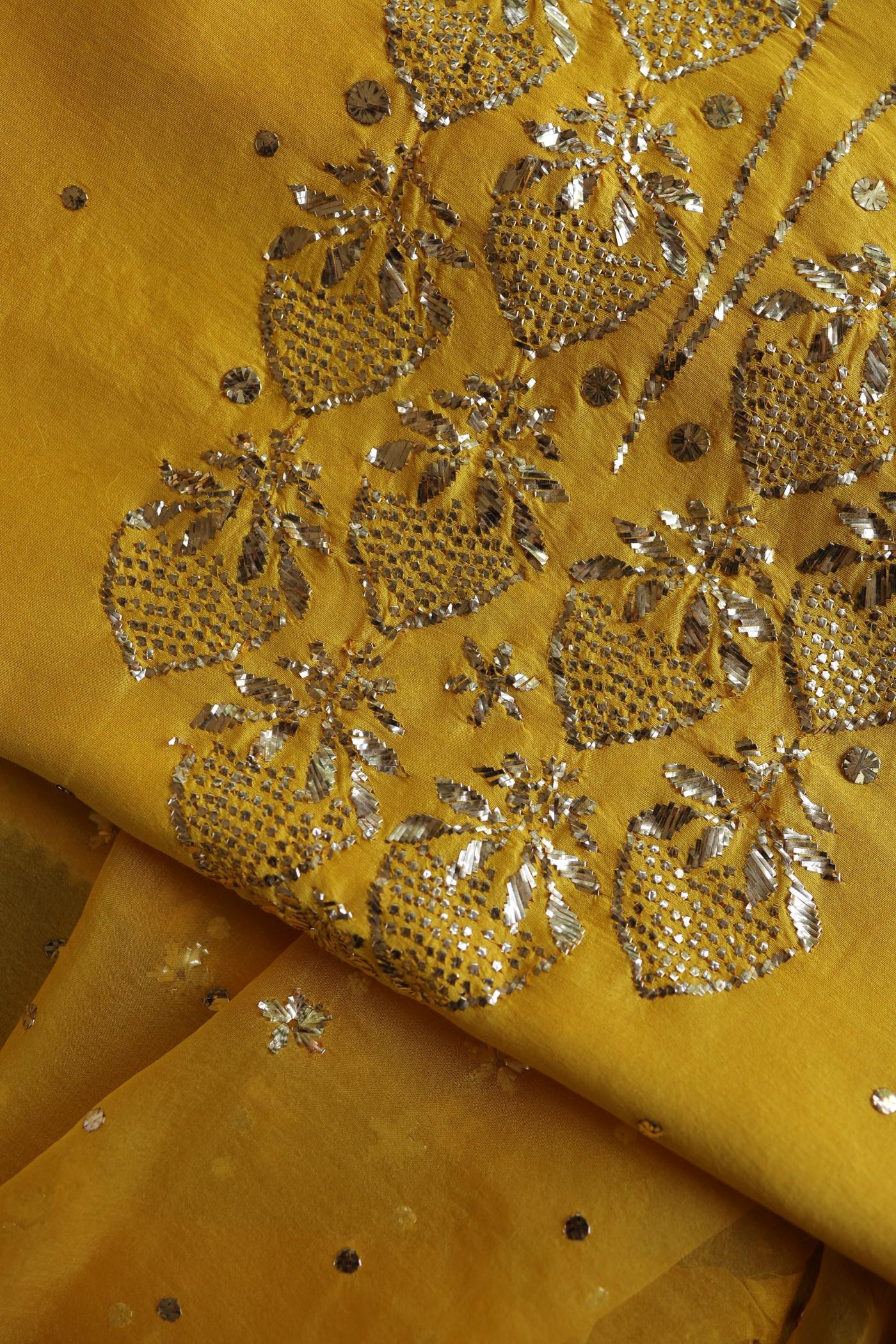 Gold Yellow Chanderi Silk Mukaish Badla Unstitched Fabric
