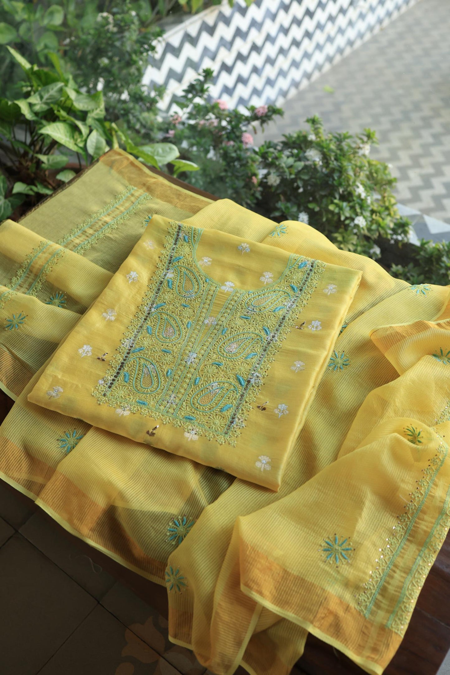 Gold Yellow Zari Booti Fine Chikankari With Kamdani Work Unstitched Fabric