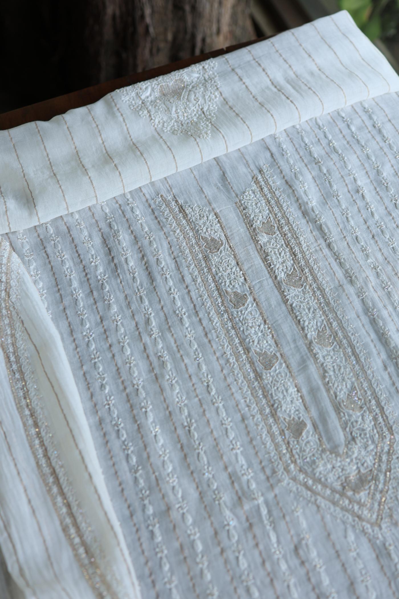 Golden Zari White Chanderi Unisex Chikankari Men’s Kurta Fabric