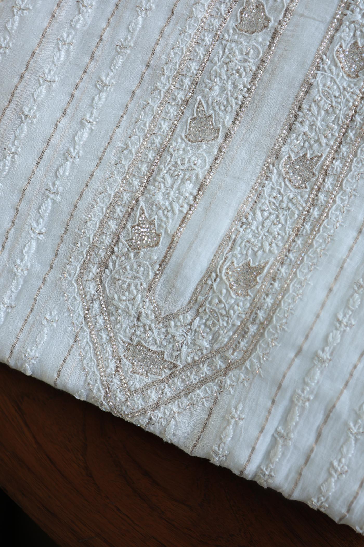 Golden Zari White Chanderi Unisex Chikankari Men’s Kurta Fabric