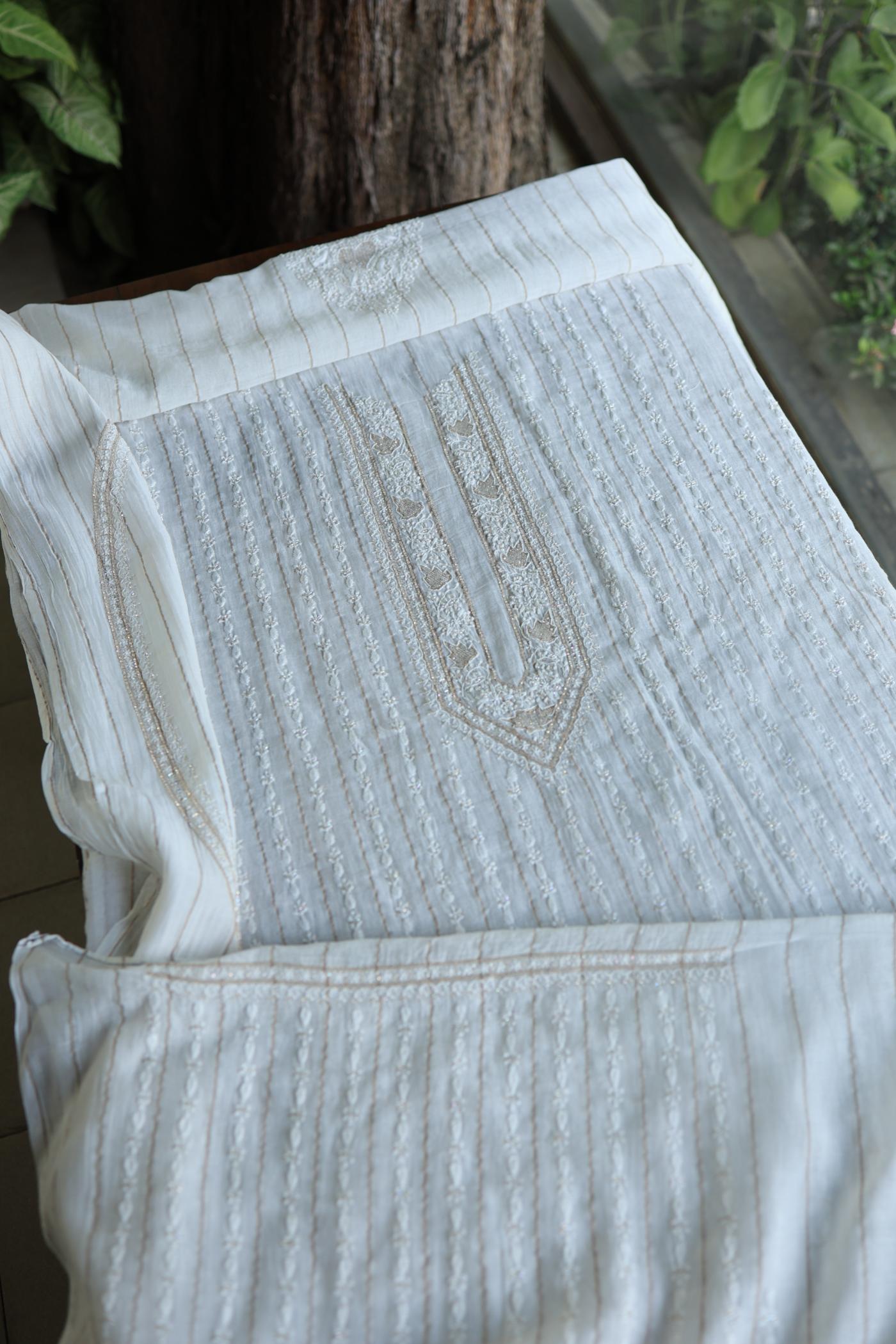 Golden Zari White Chanderi Unisex Chikankari Men’s Kurta Fabric