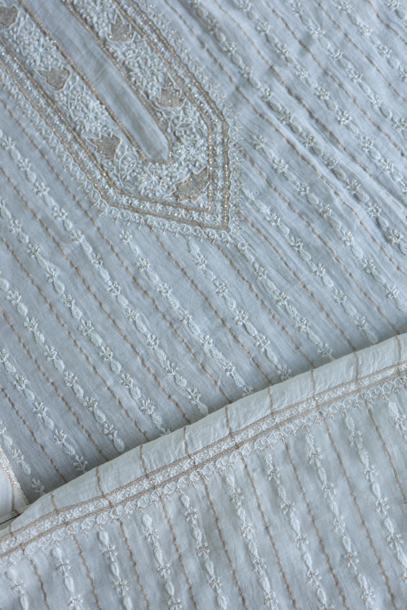 Golden Zari White Chanderi Unisex Chikankari Men’s Kurta Fabric