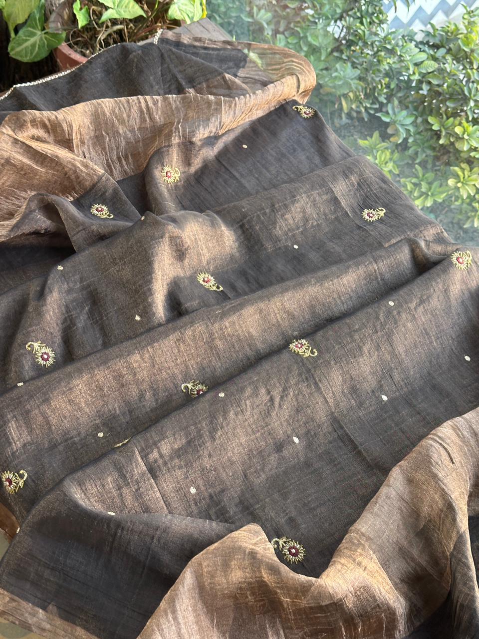 Goldish Black Shade Tissue Silk Chikankari Anarkali With Ari Work